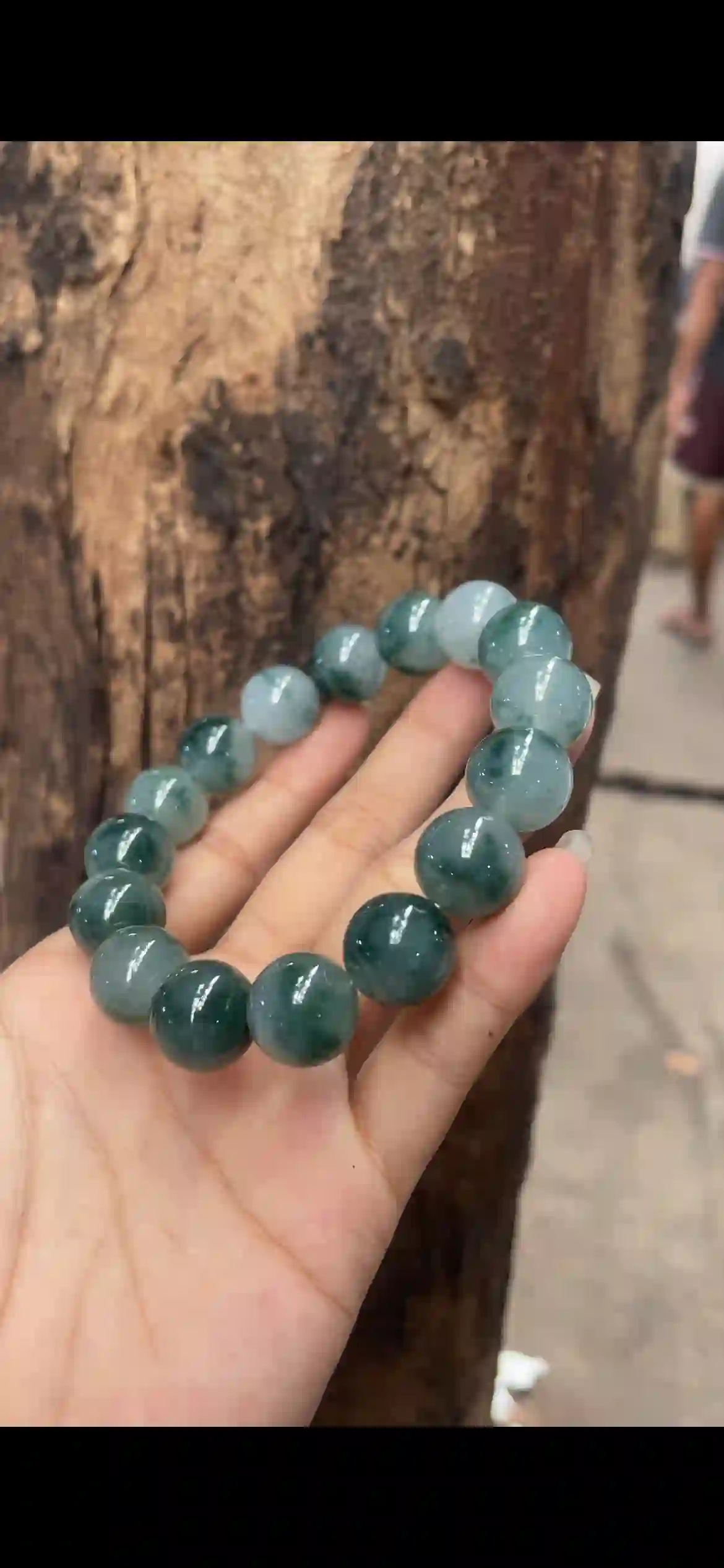   Icy Floating Dark Green Jade Bead Bracelet – Large Round Gemstone Beads, view 2 | Myanmar Jadeite reference #5400001