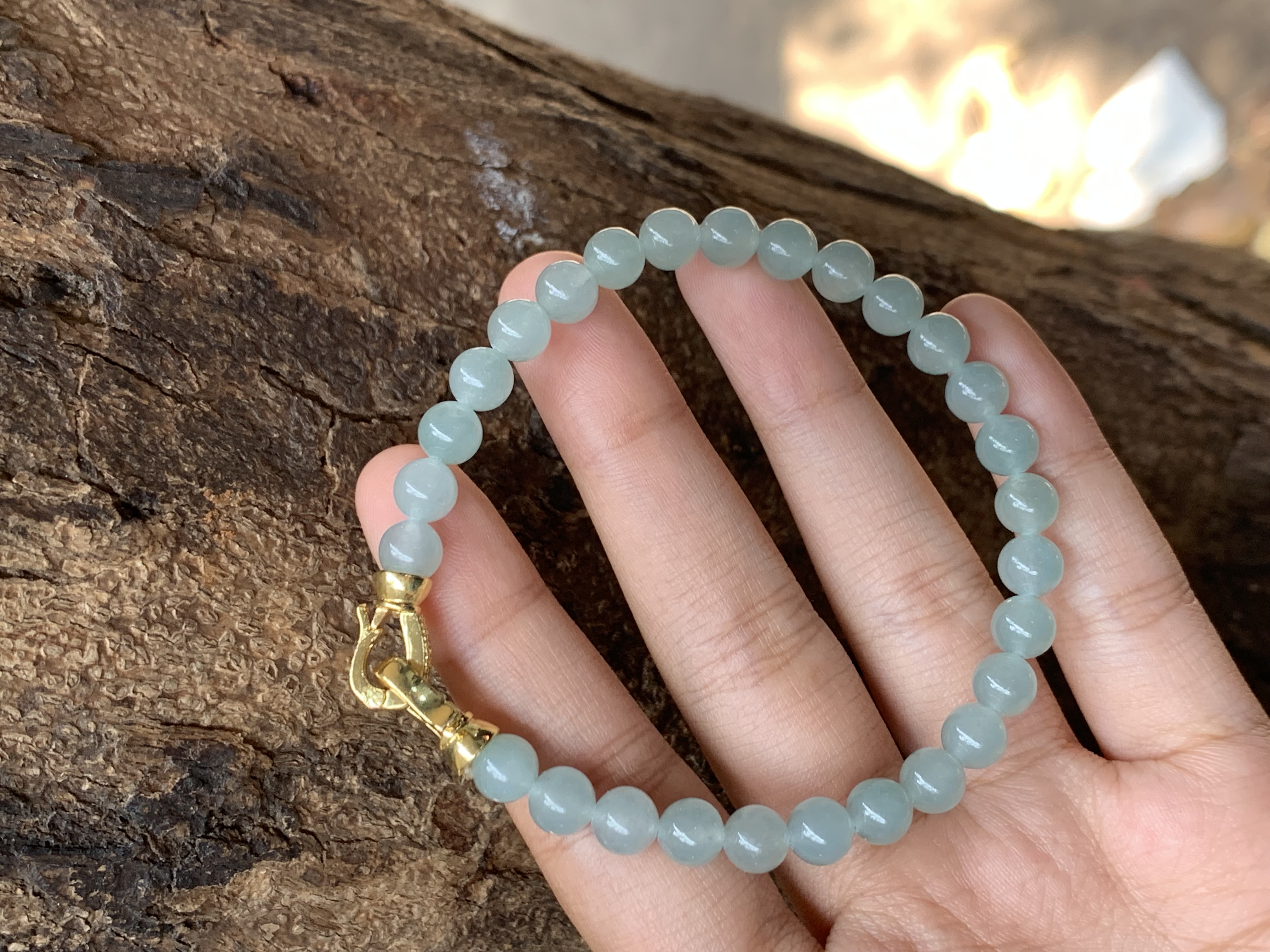 Natural Icy Green Jade Beaded Bracelet with Gold Clasp - Burmese Jadeite Type A from Hpakant, Myanmar | Myanmar Jadeite