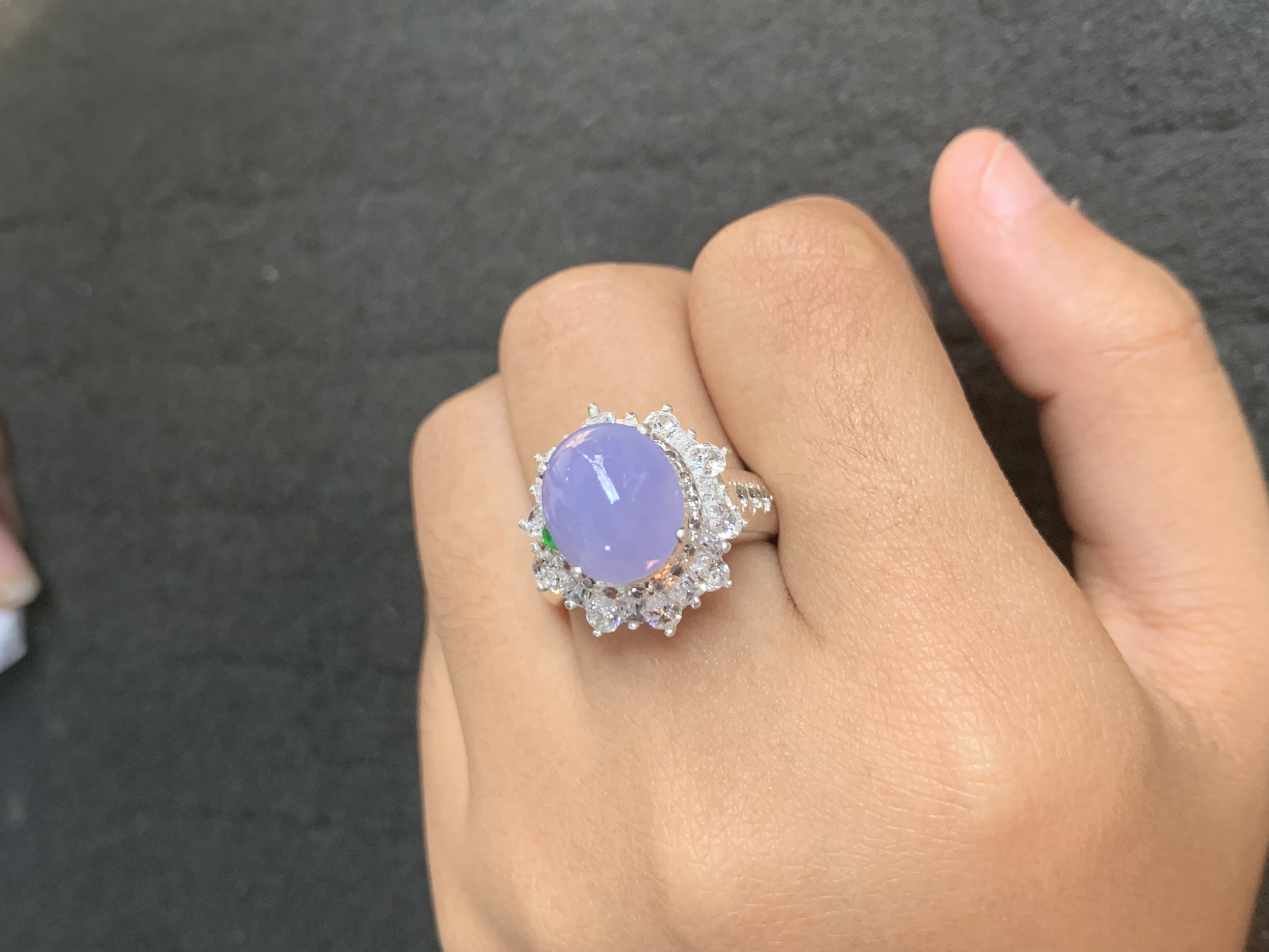 Lavender Jadeite Ring with Clear Crystals and Green Accent