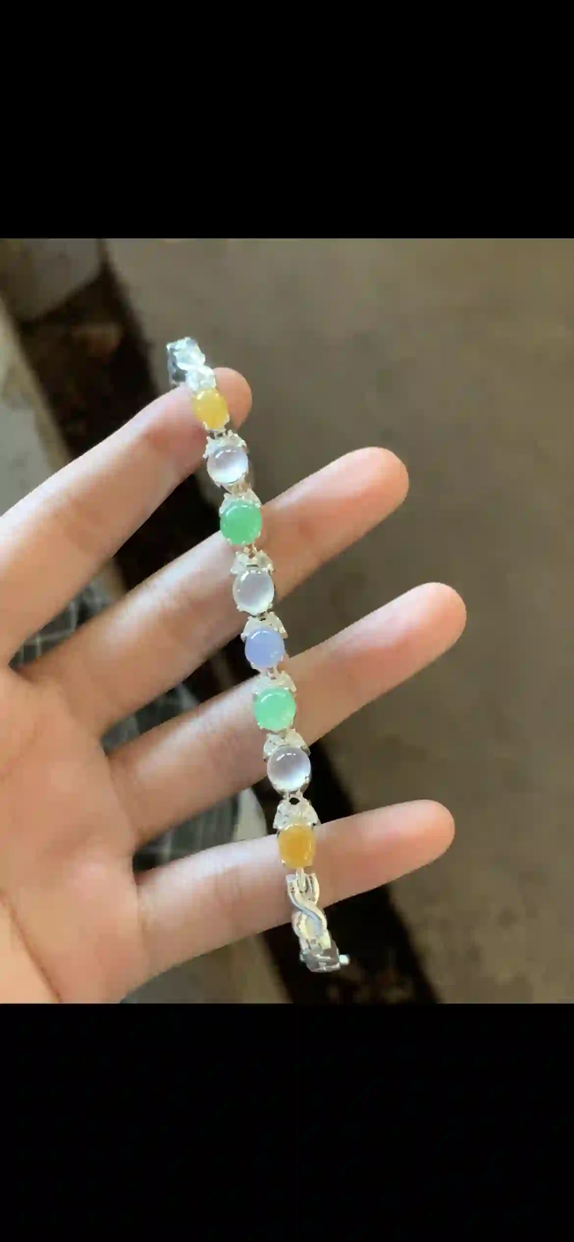Multicolor Gemstone Bracelet — Yellow, White, Green & Lavender Jade in Silver Setting | Myanmar Jadeite reference #31920001