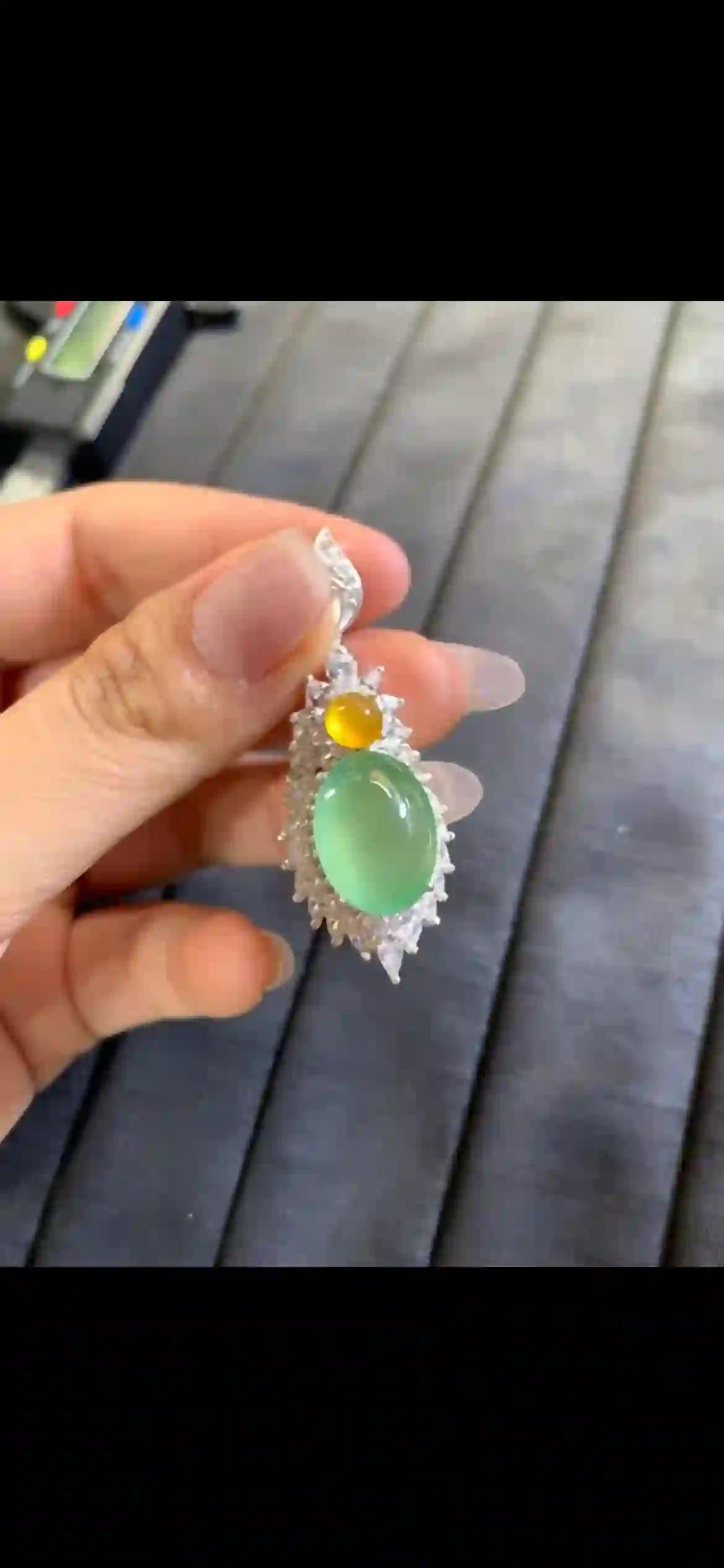  Icy Green Jadeite Cabochon Pendant with Yellow Jadeite Accent, view 2 | Myanmar Jadeite reference #7530001