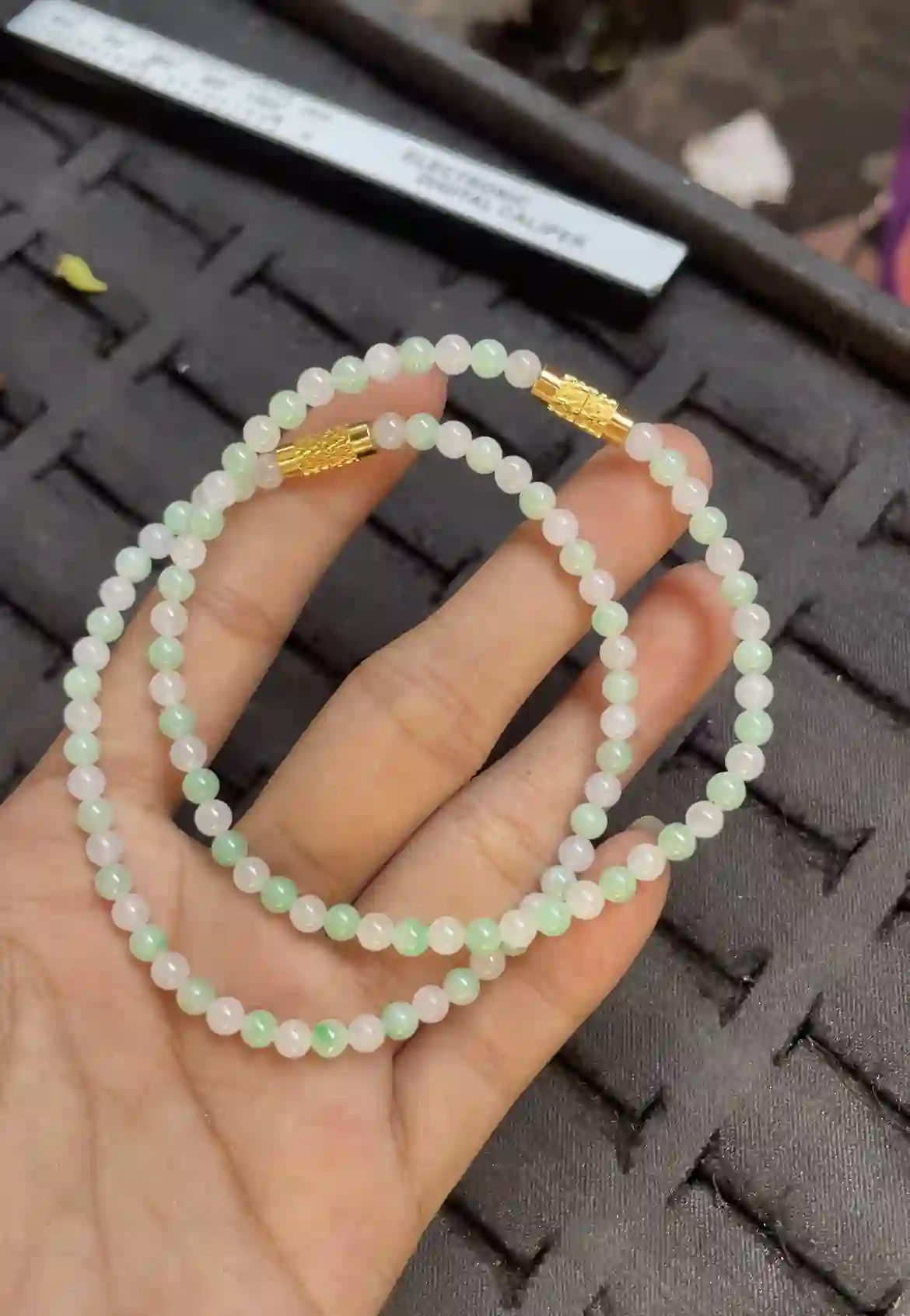   Natural Icy Green Jade Bead Bracelet with Gold Accents, view 2 | Myanmar Jadeite reference #2520009