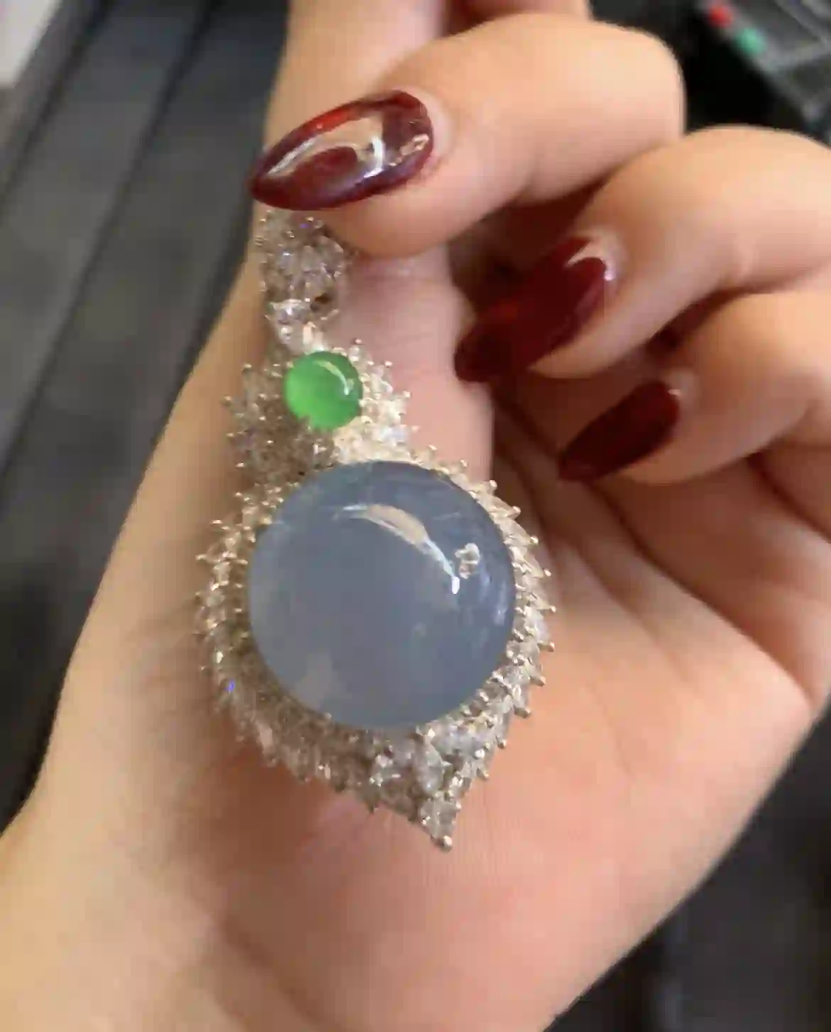   Lavender Blue Jadeite Cabochon Pendant with Green Jadeite & Diamond Halo Setting | Myanmar Jadeite reference #2970001
