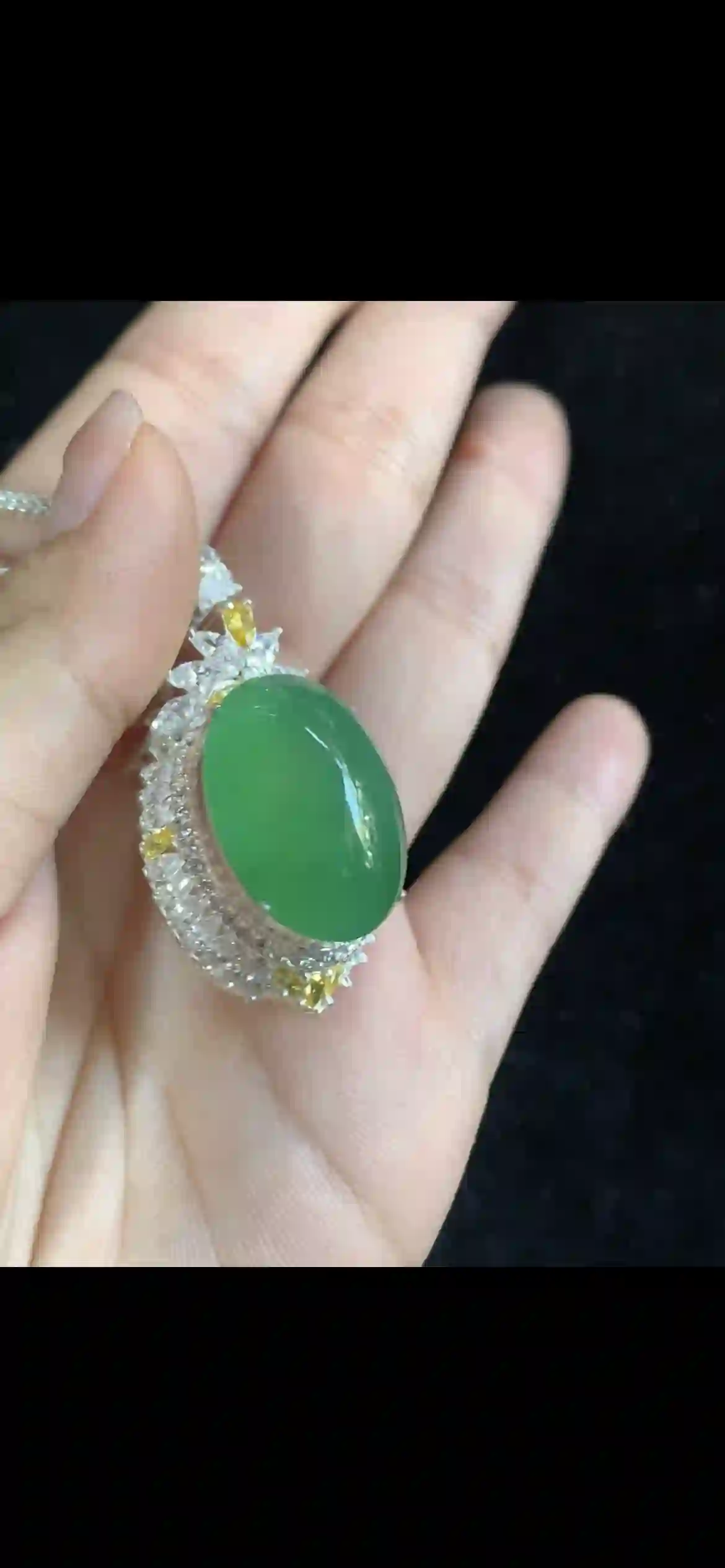 Lush Green Jade Cabochon Halo Pendant with White & Yellow Gemstone Accents | Myanmar Jadeite reference #36330001