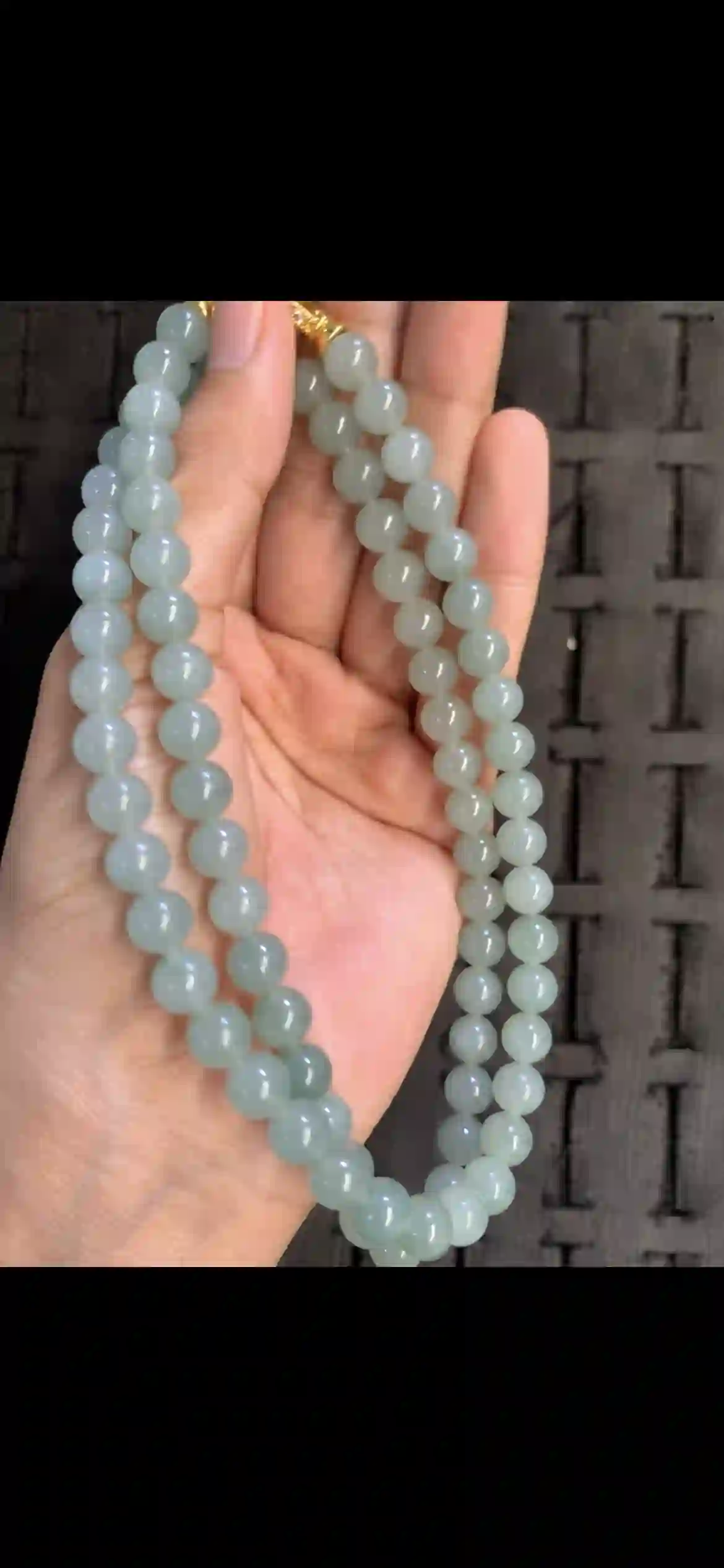 Premium Icy Pale Celadon Jade Bead Necklace with Gold Clasp | Myanmar Jadeite reference #17670001