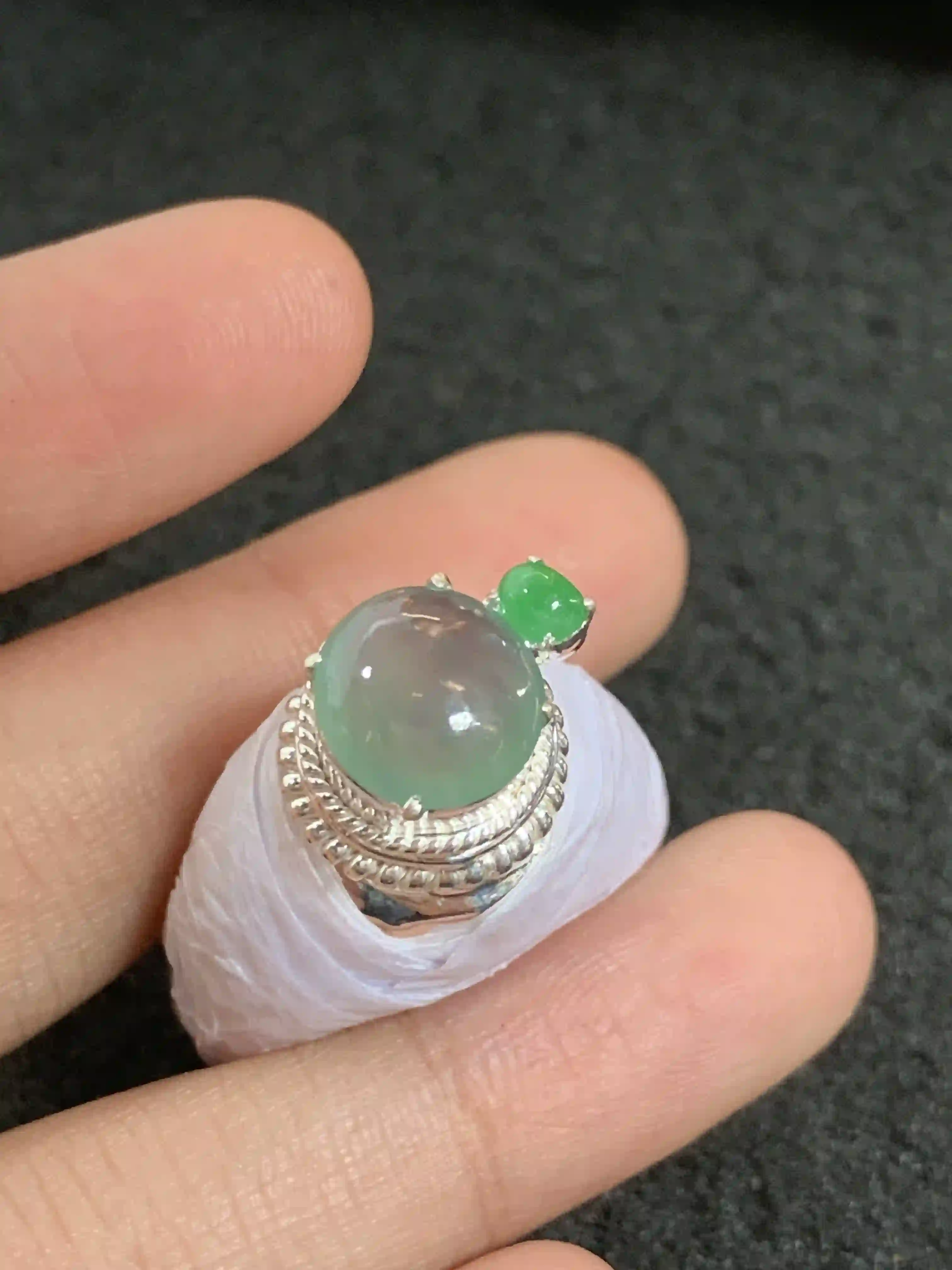  Unique Translucent Green Gemstone Ring with Accent Stone | Myanmar Jadeite reference #1530004