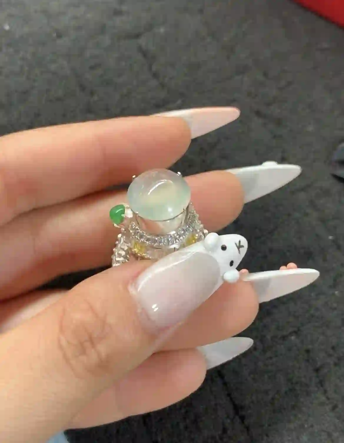 Icy Translucent Jadeite Ring with Multi-Gem Accents, view 2 | Myanmar Jadeite reference #960001
