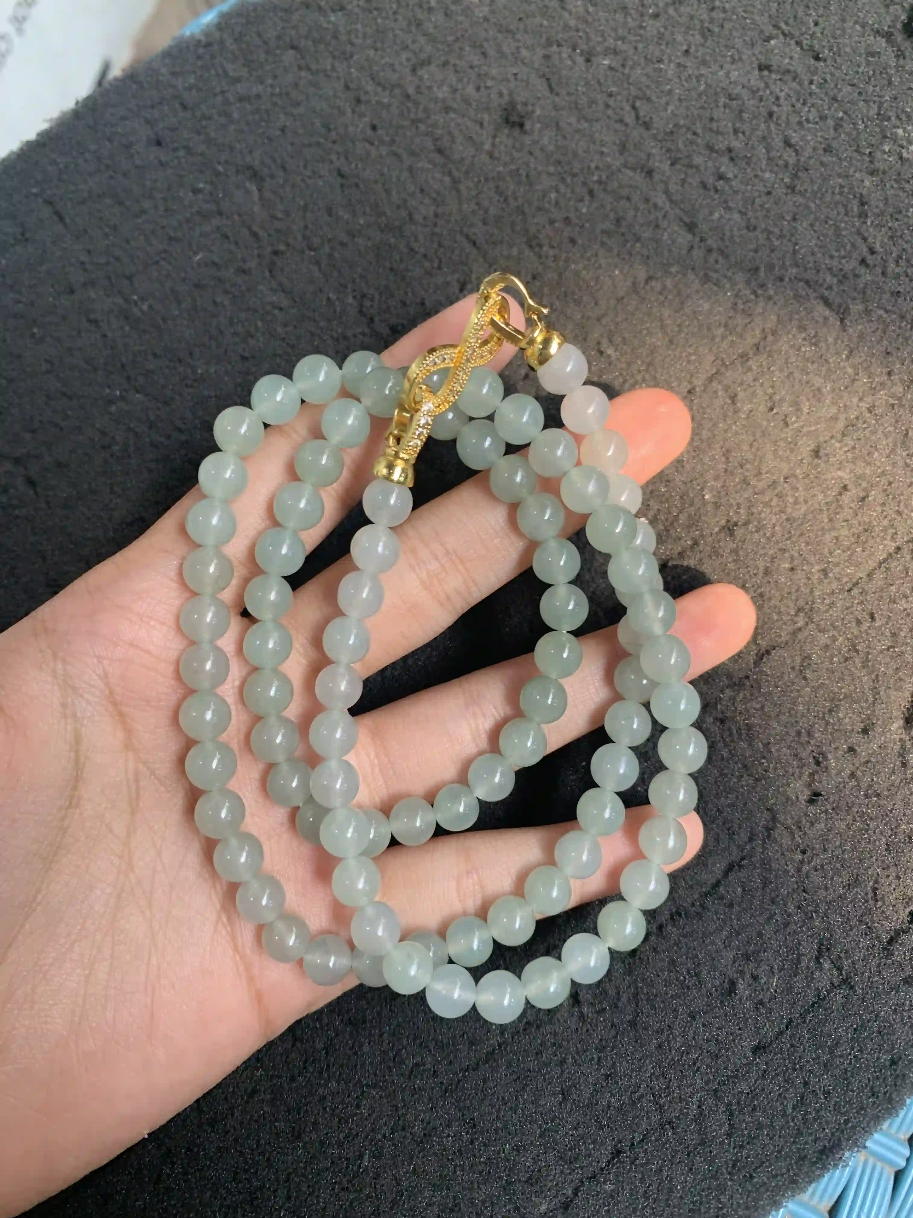 Multi-Strand Light Green Jade Beaded Necklace with Gold Clasp, view 2 | Myanmar Jadeite reference #1260004