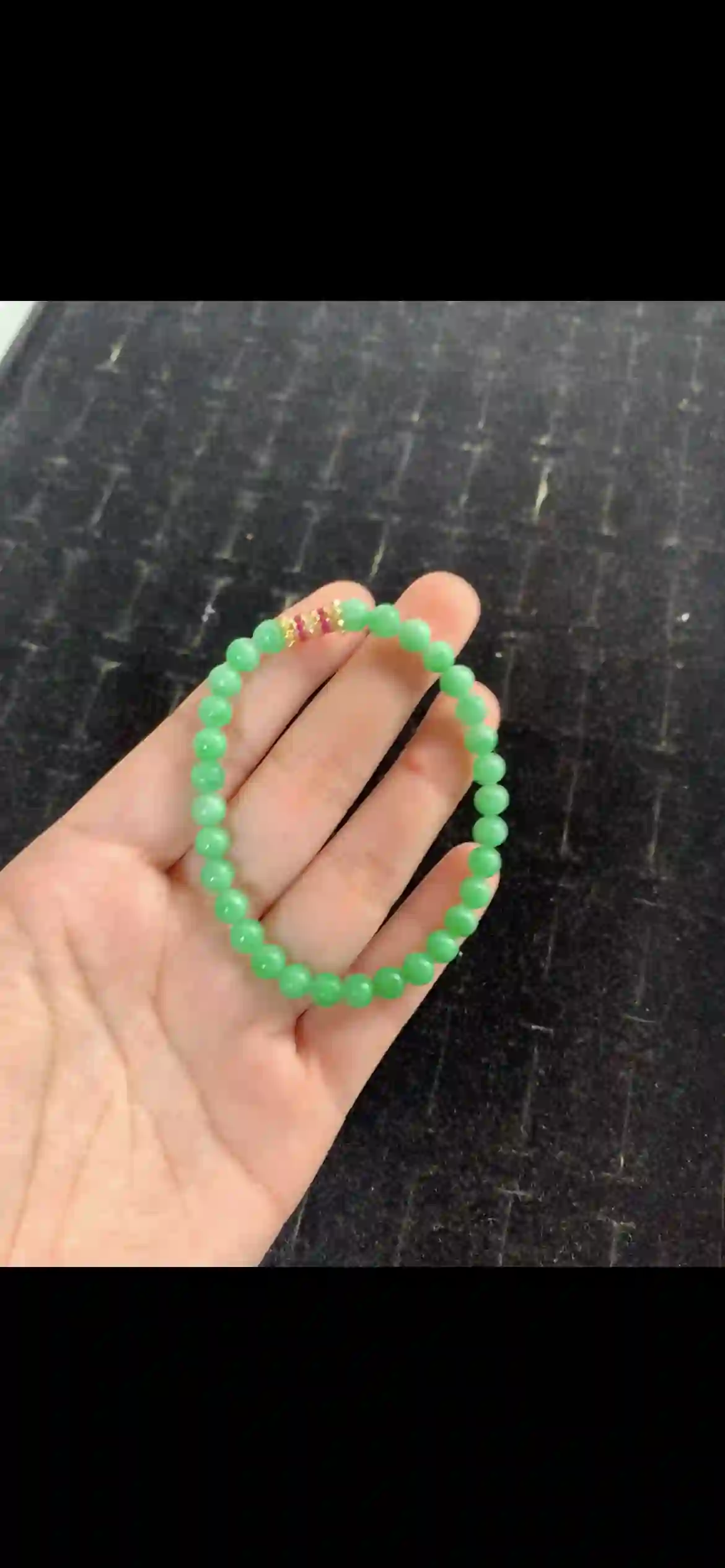 Vibrant Apple Green Jadeite Bead Bracelet with Gold & Pink Crystal Accent, view 2 | Myanmar Jadeite reference #20700001