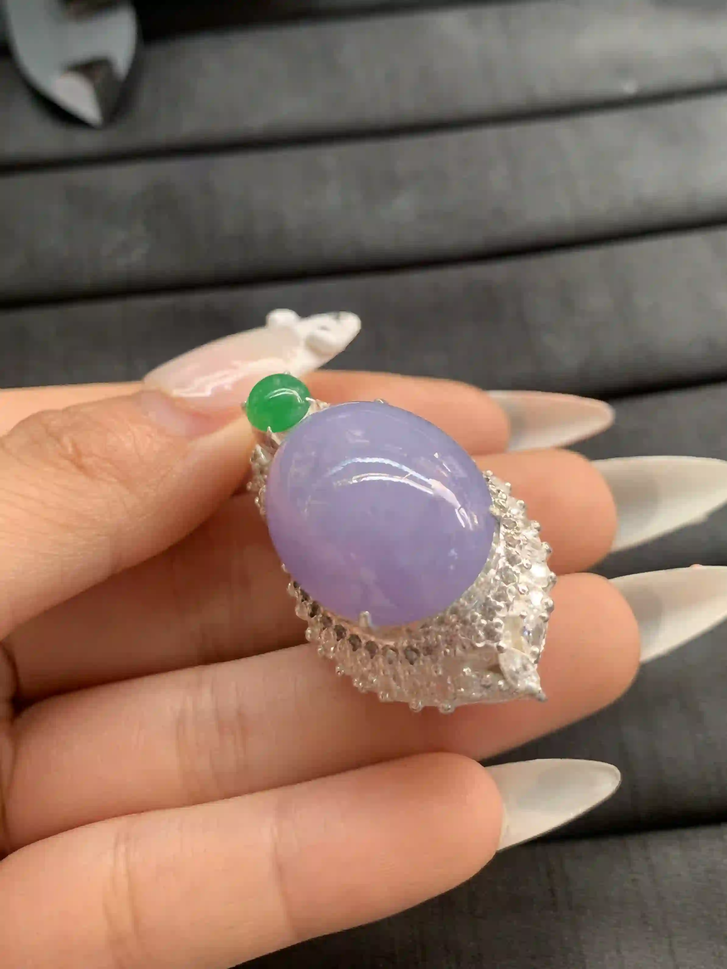 Luxurious Lavender Jade Pendant with Silver-Toned Setting and Green Accent, view 2 | Myanmar Jadeite reference #1380009