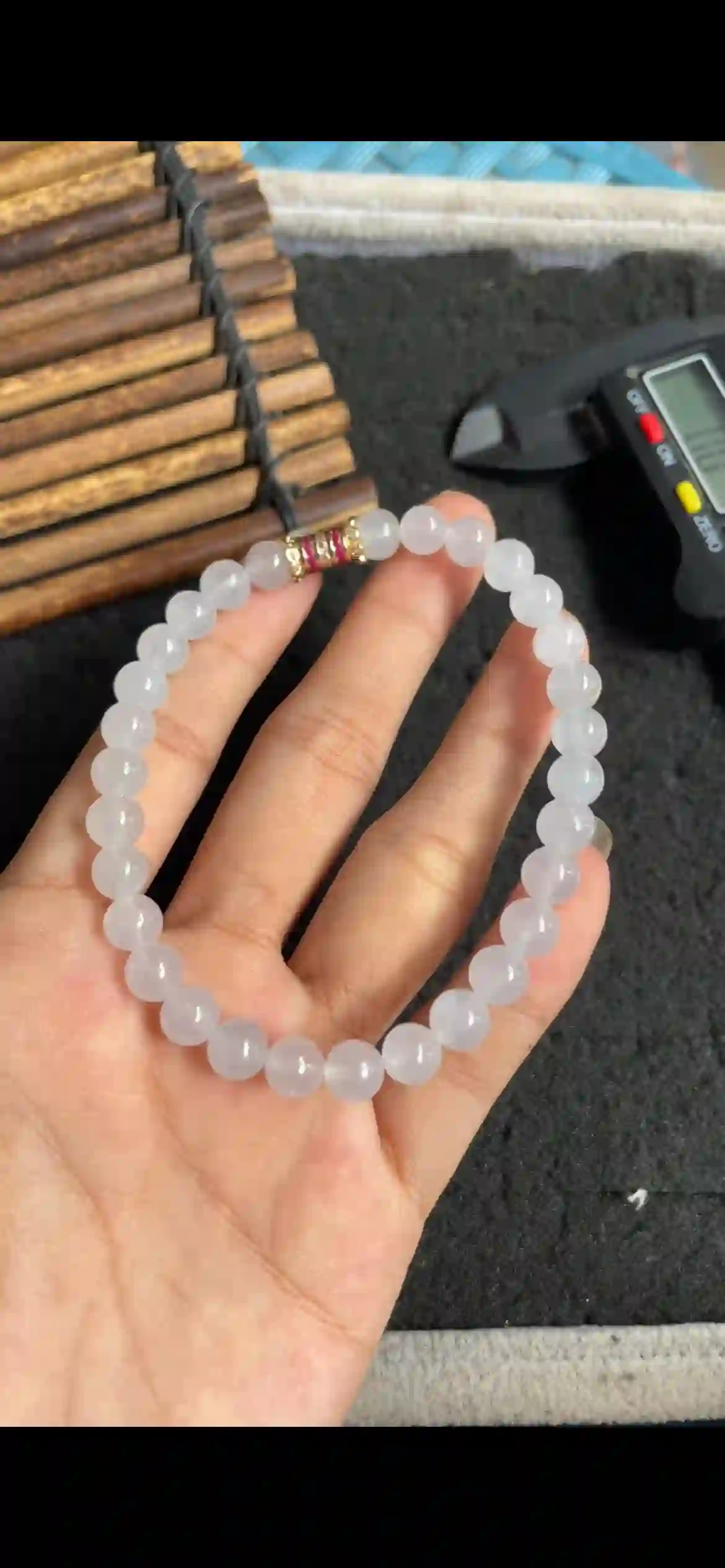 Icy Translucent White Jade Bead Bracelet with Gold & Pink Crystal Spacer | Myanmar Jadeite reference #5610001