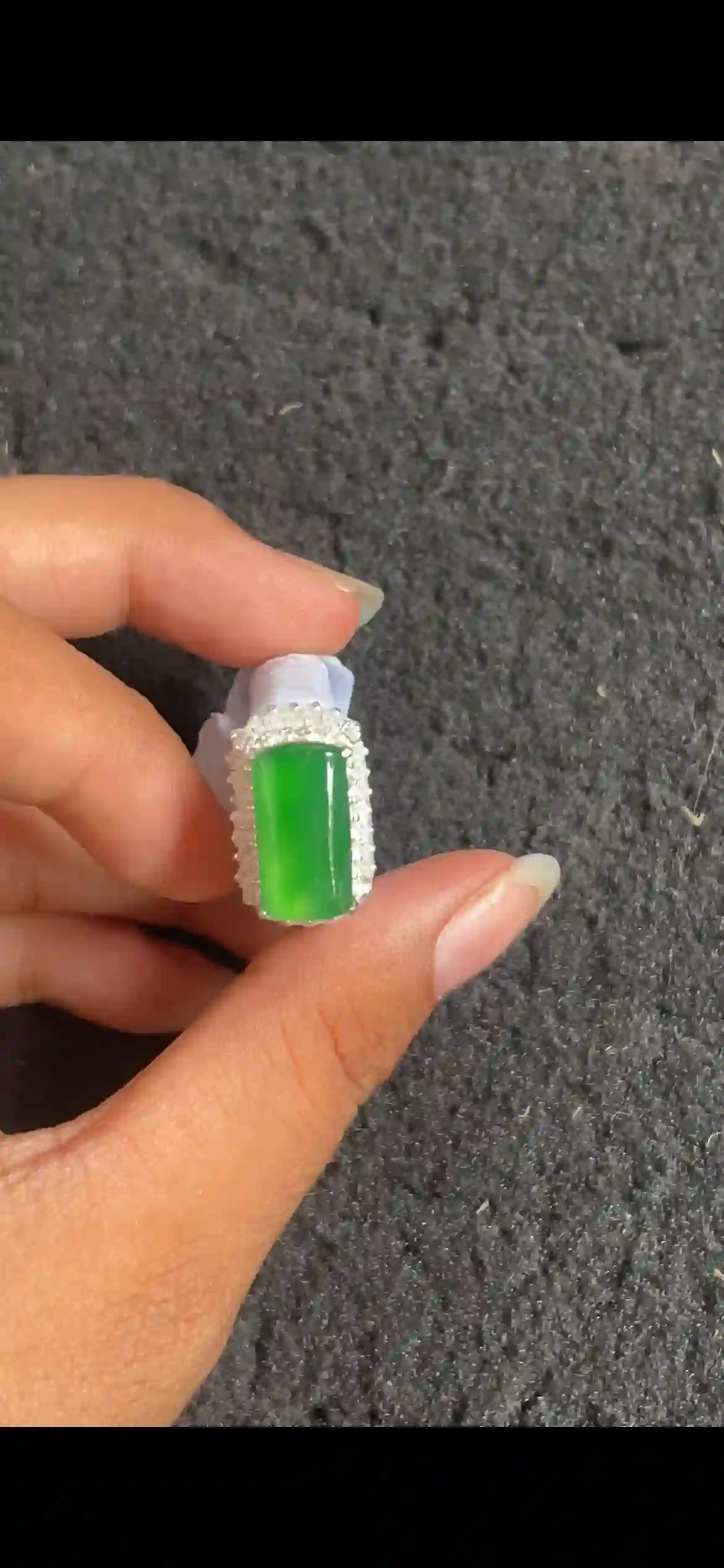 Vibrant Green Jadeite Ring with Diamond Halo Setting | Myanmar Jadeite reference #4290001