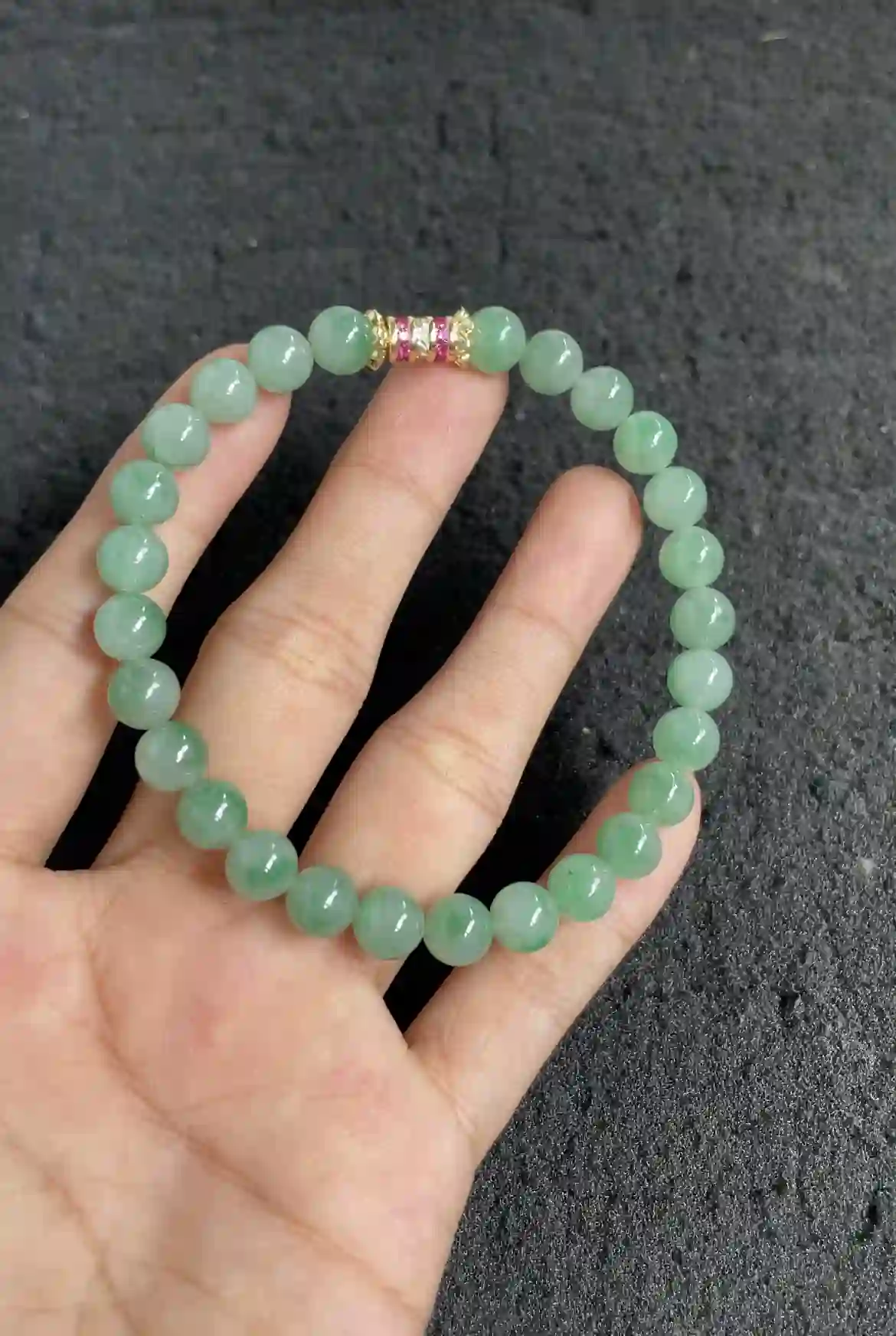   Natural Green Jadeite Beaded Bracelet with Gemstone Spacer, view 2 | Myanmar Jadeite reference #2400010