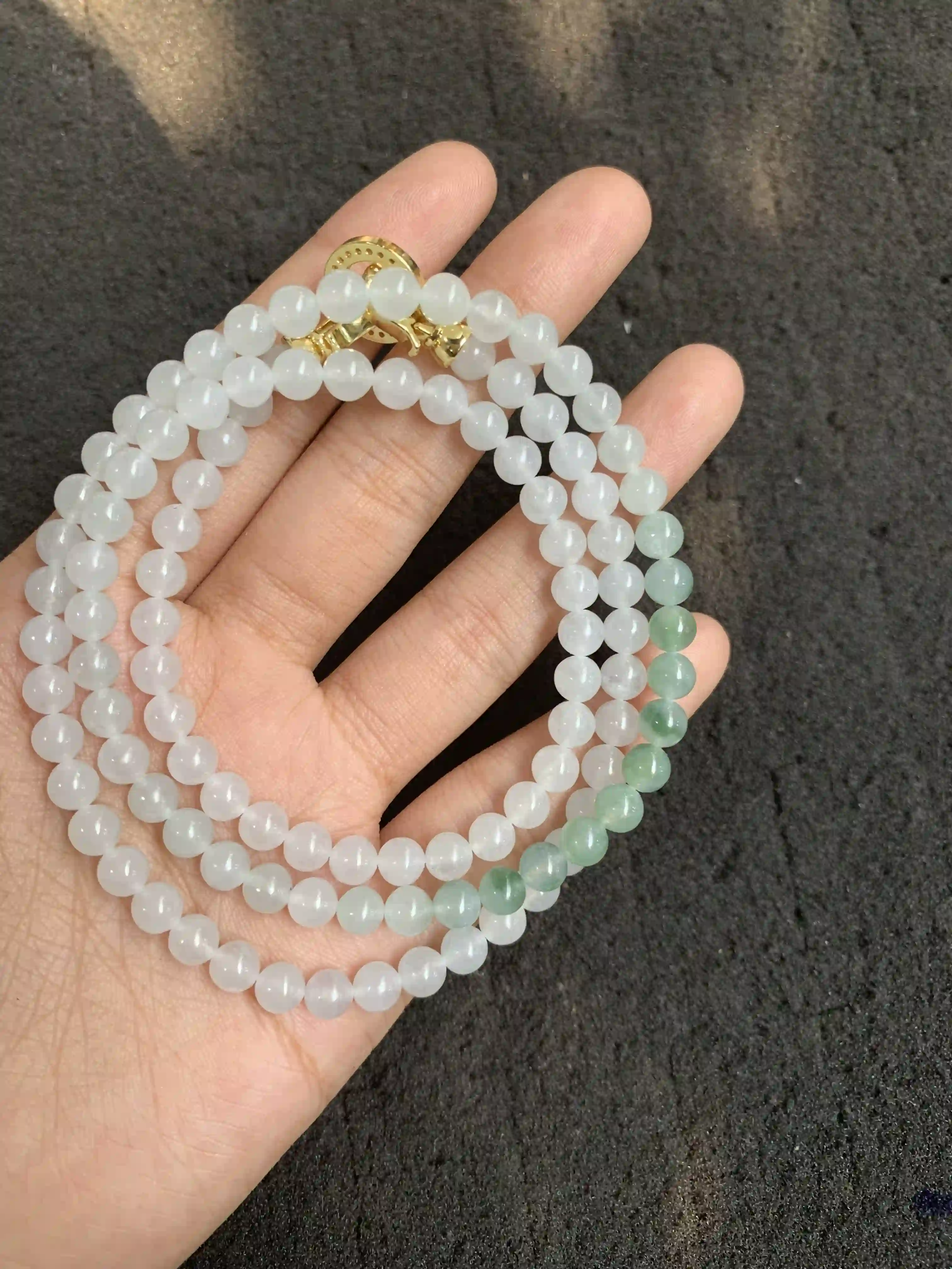 Gradient White-to-Green Jade Beaded Multi-strand Necklace with Gold Clasp, view 2 | Myanmar Jadeite reference #510008