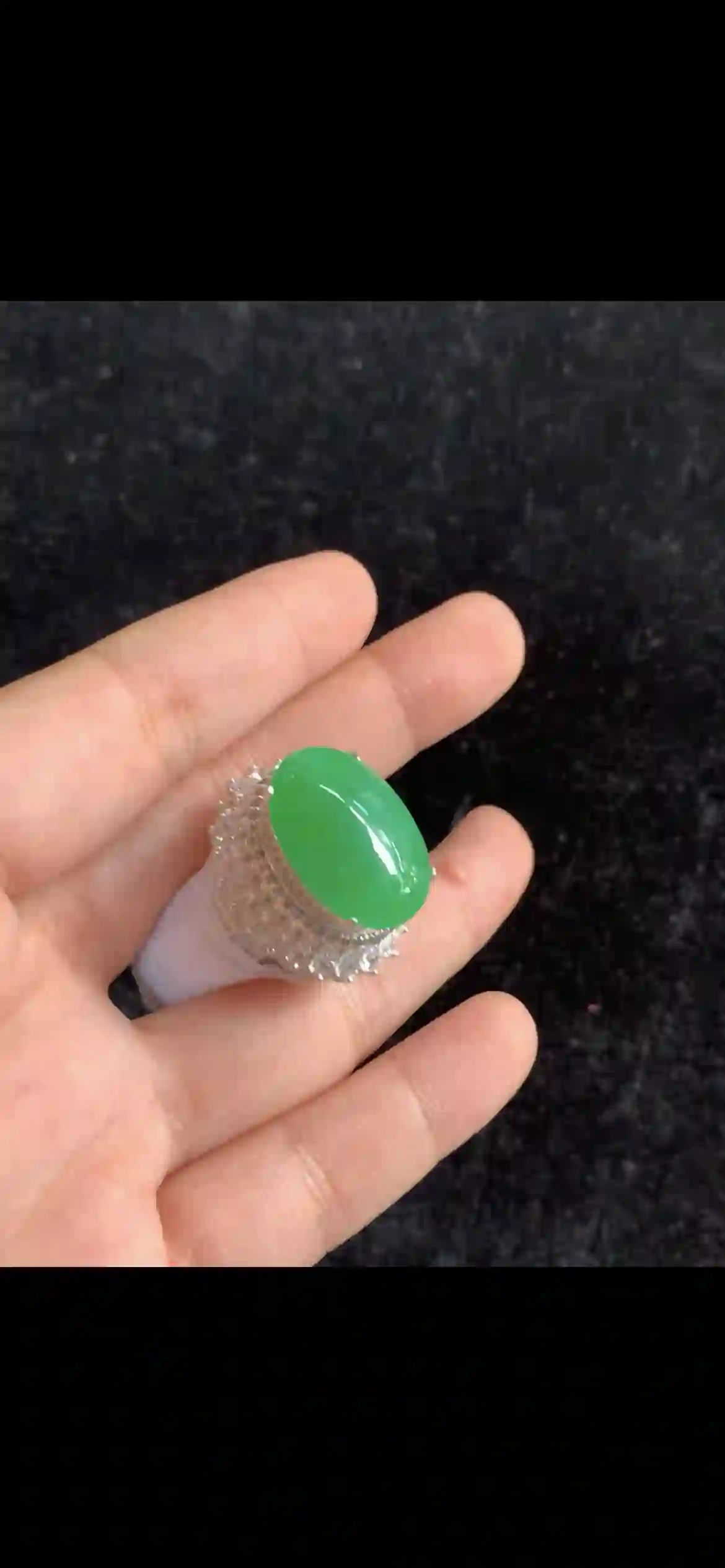 Elegant Oval Cabochon Apple Green Jade Ring — Double Diamond Halo Setting, view 2 | Myanmar Jadeite reference #34200001