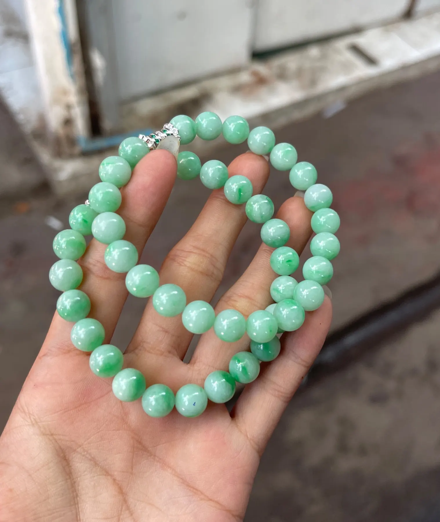 Natural High-Translucency Glassy/Ice Variety Vivid Mint & Apple Green Jadeite Double-Strand Bead Necklace / Bracelet Set with Silver Accent Clasp | Myanmar Jadeite reference #39330001