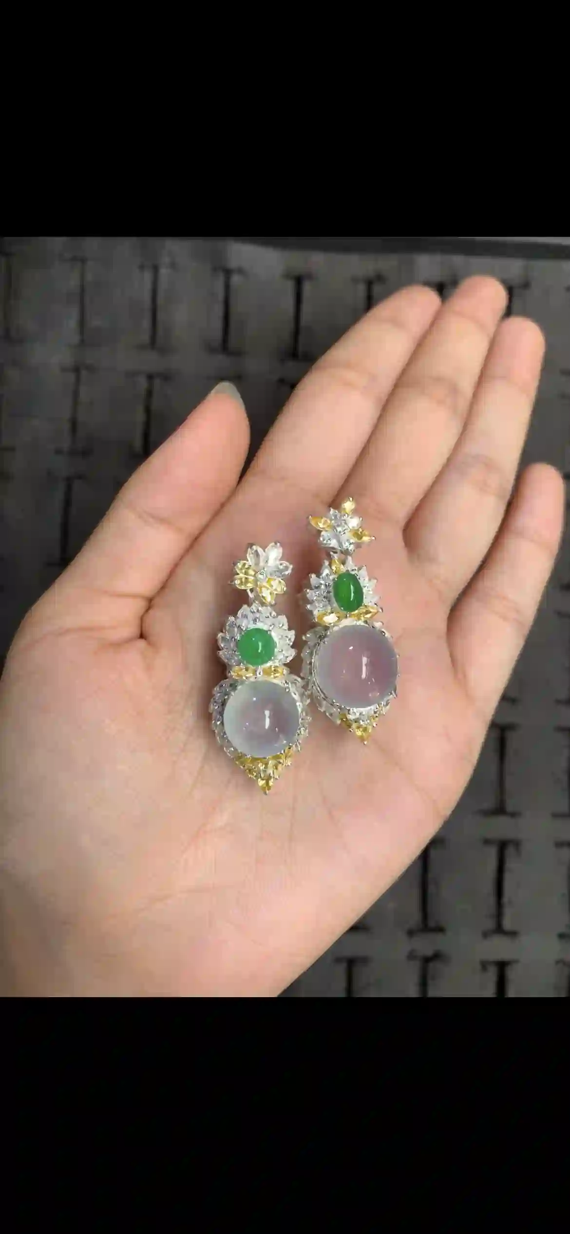 . Icy Lavender & Emerald Jade Drop Earrings | Myanmar Jadeite reference #14520001