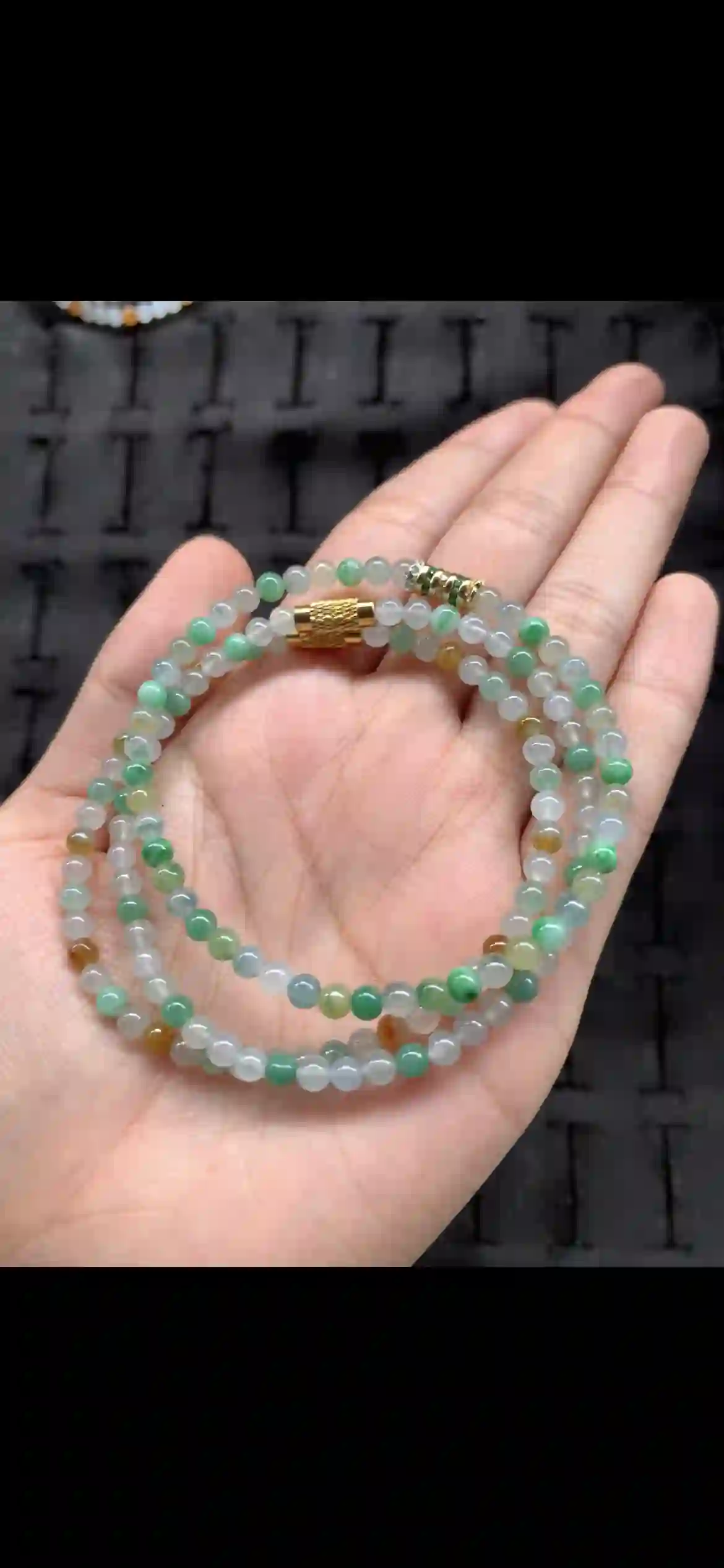 Multitone Green & Icy White Jade Bead Double-Strand Bracelet with Gold Clasp, view 2 | Myanmar Jadeite reference #21060001
