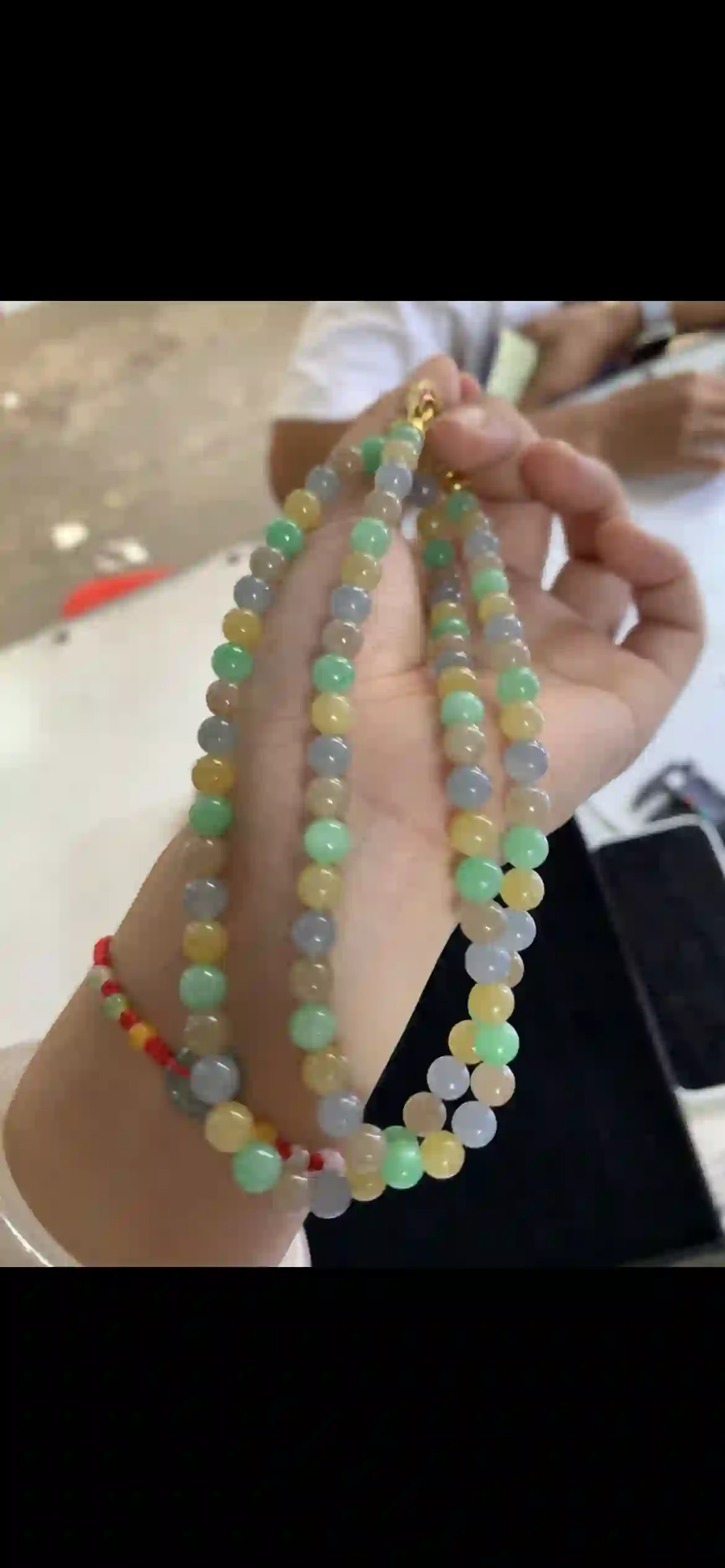 Three-Tone Multicolor Jadeite Bead Necklace with Gold Clasp, view 2 | Myanmar Jadeite reference #18180001