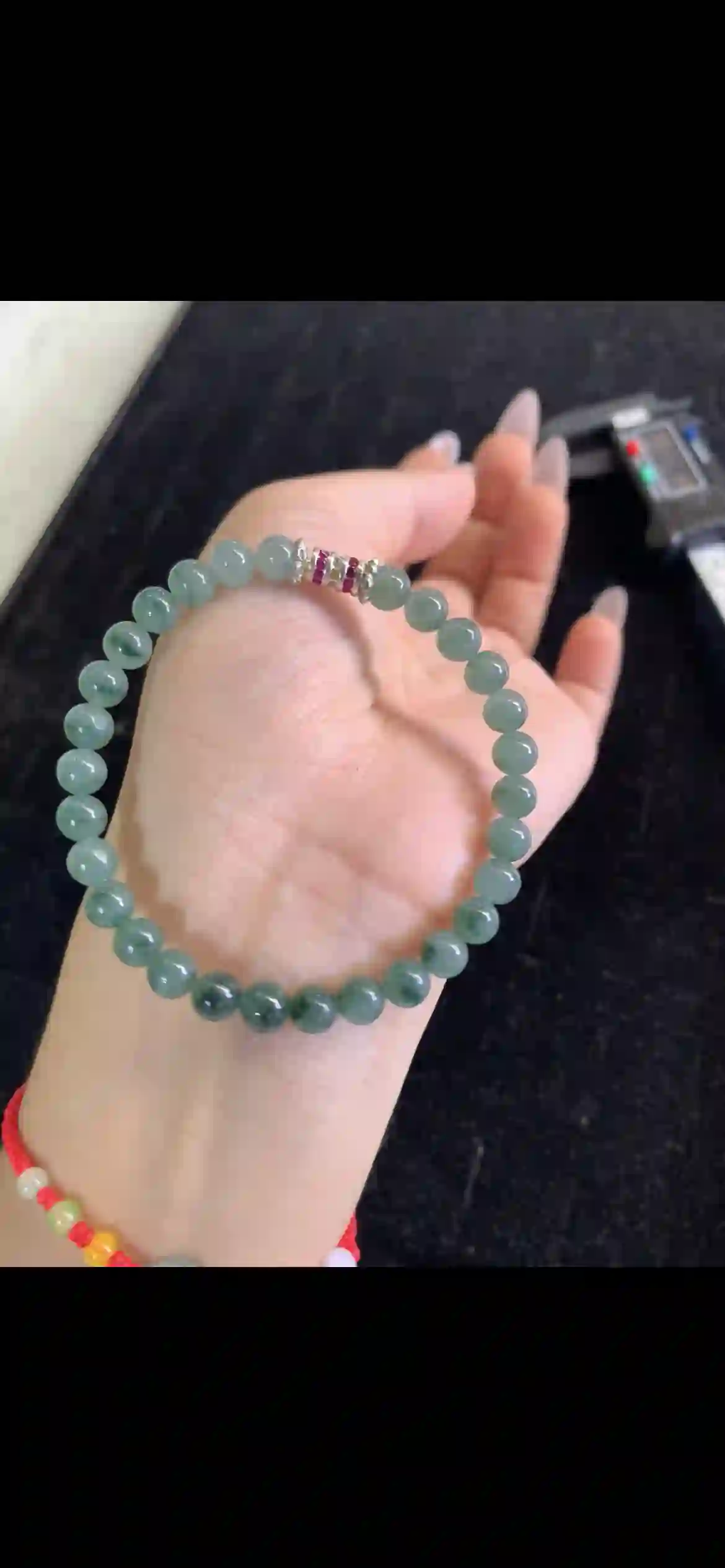 Gradient Deep Green Floating Jadeite Bead Bracelet with Decorative Spacer, view 2 | Myanmar Jadeite reference #22170001
