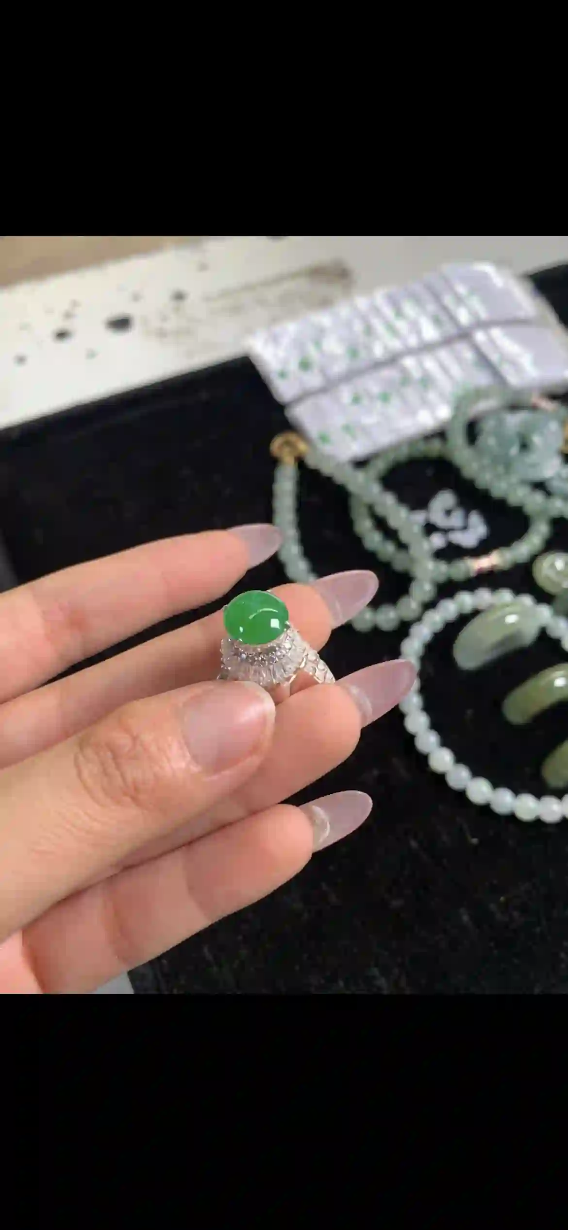 Vivid Imperial Green Jadeite Cabochon Halo Ring, view 2 | Myanmar Jadeite reference #11220001