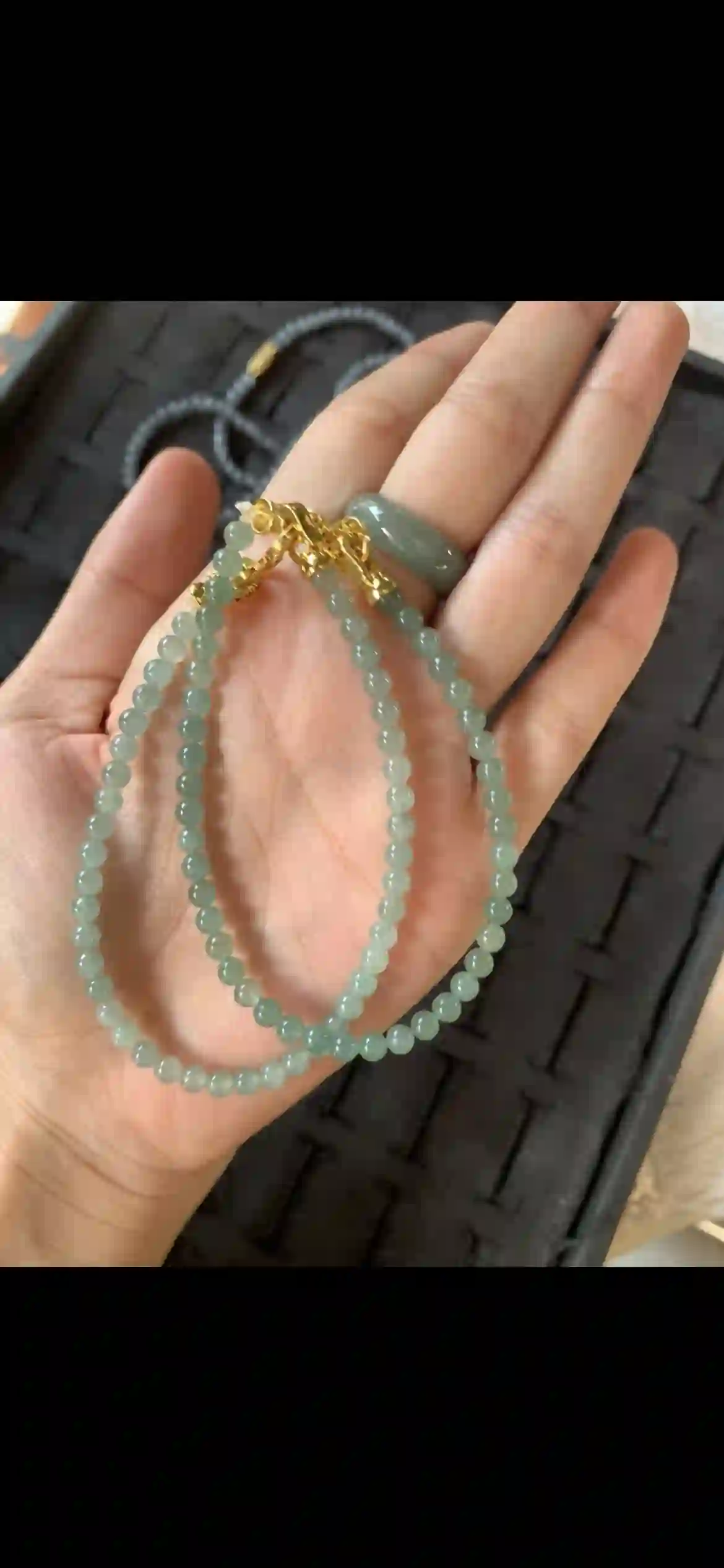Double-Strand Pale Green Jade Beaded Bracelet with Gold Clasp, view 2 | Myanmar Jadeite reference #28350001
