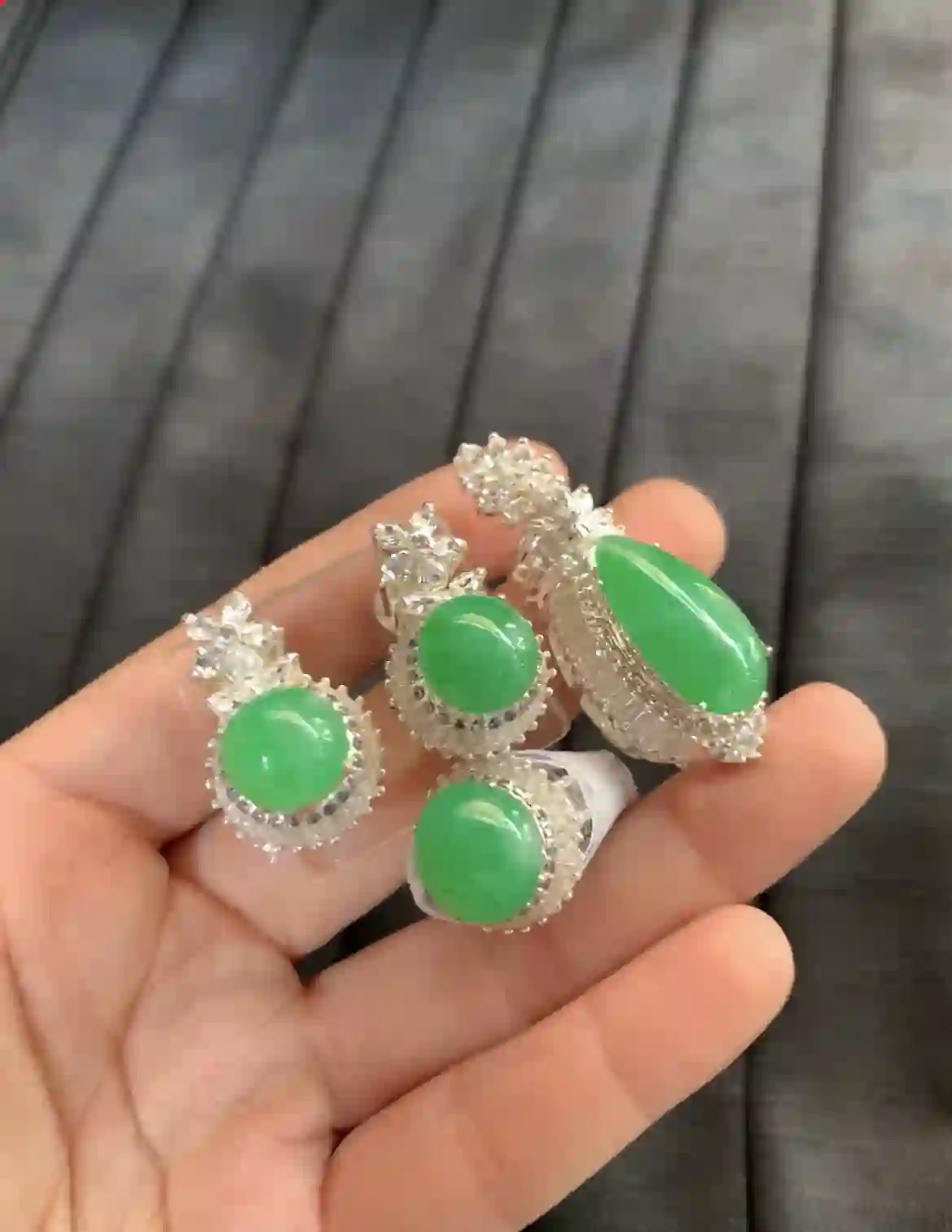   Natural Vivid Green Jade Jewelry Set with Diamond Accents, view 2 | Myanmar Jadeite reference #2520006
