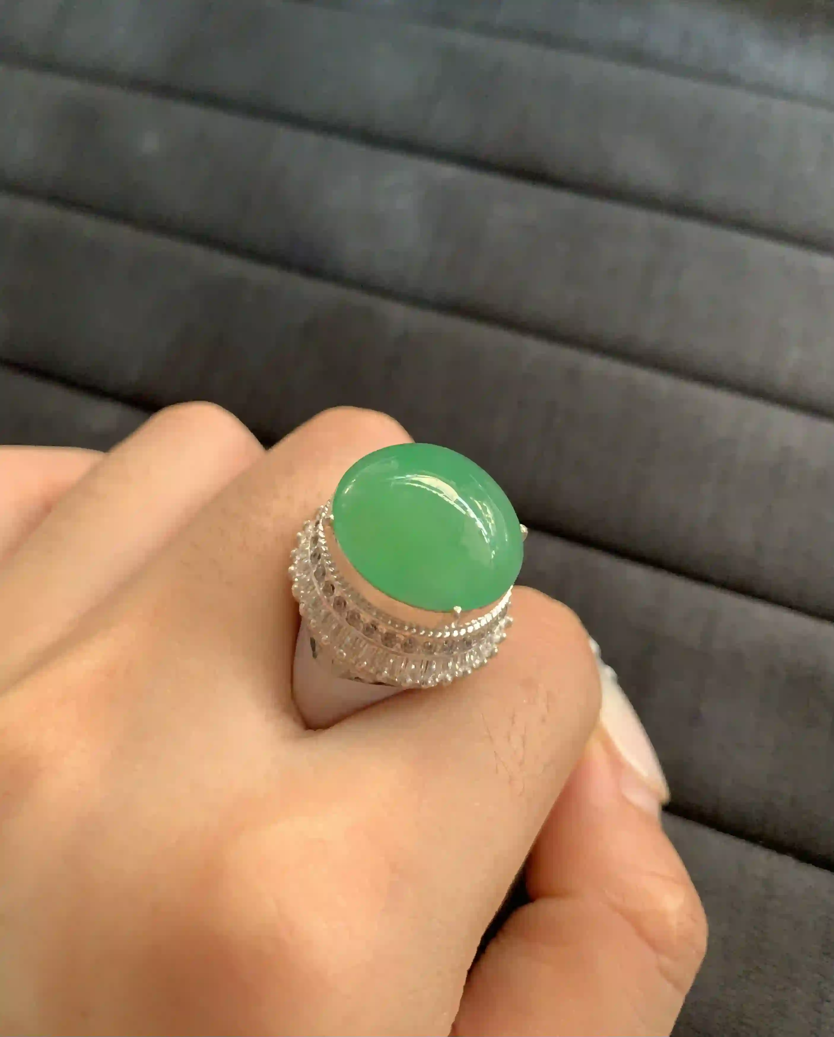   Natural Apple Green Jade Diamond Halo Ring my | Myanmar Jadeite reference #1800008