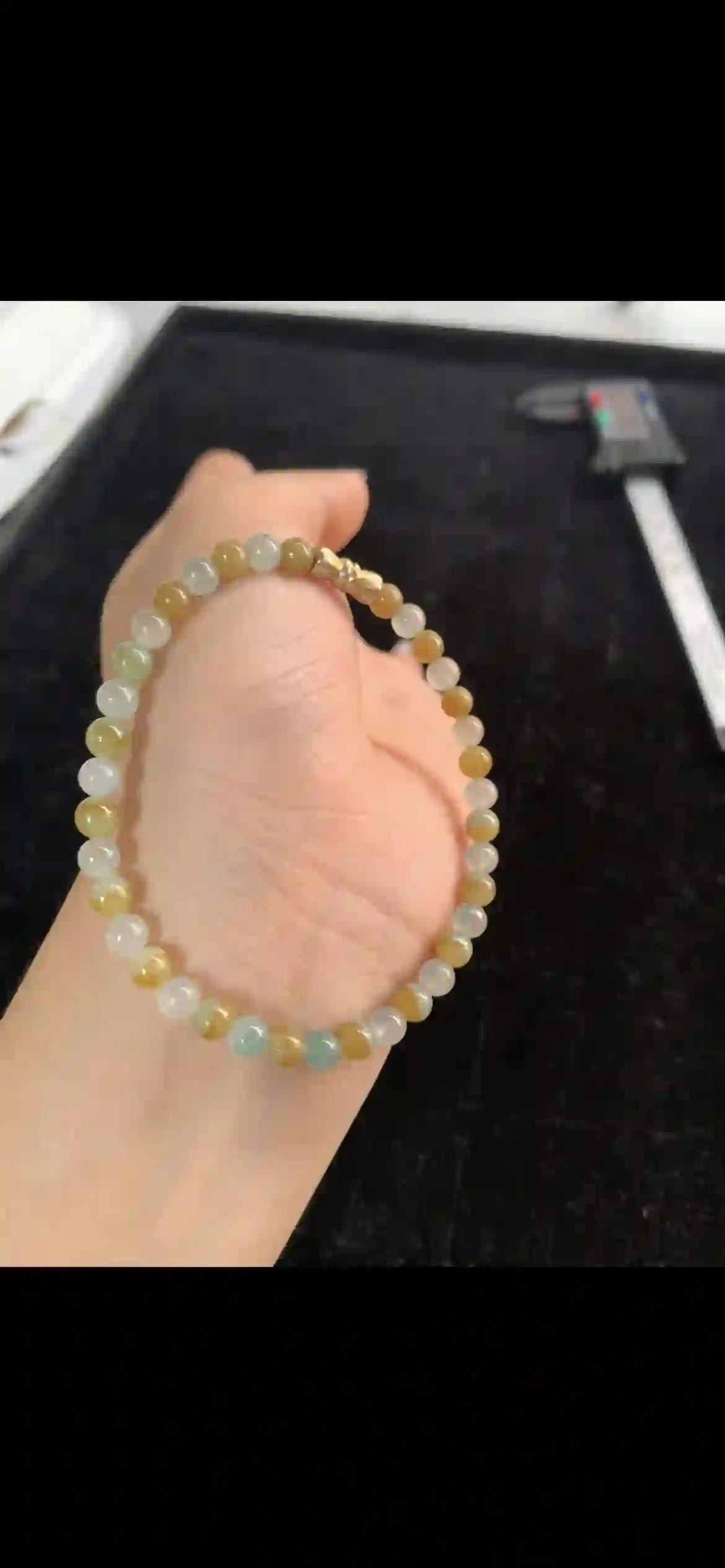 Multicolor Honey-Yellow & Icy White-Green Jadeite Beaded Bracelet — Gold Spacer Accent | Myanmar Jadeite reference #30210001