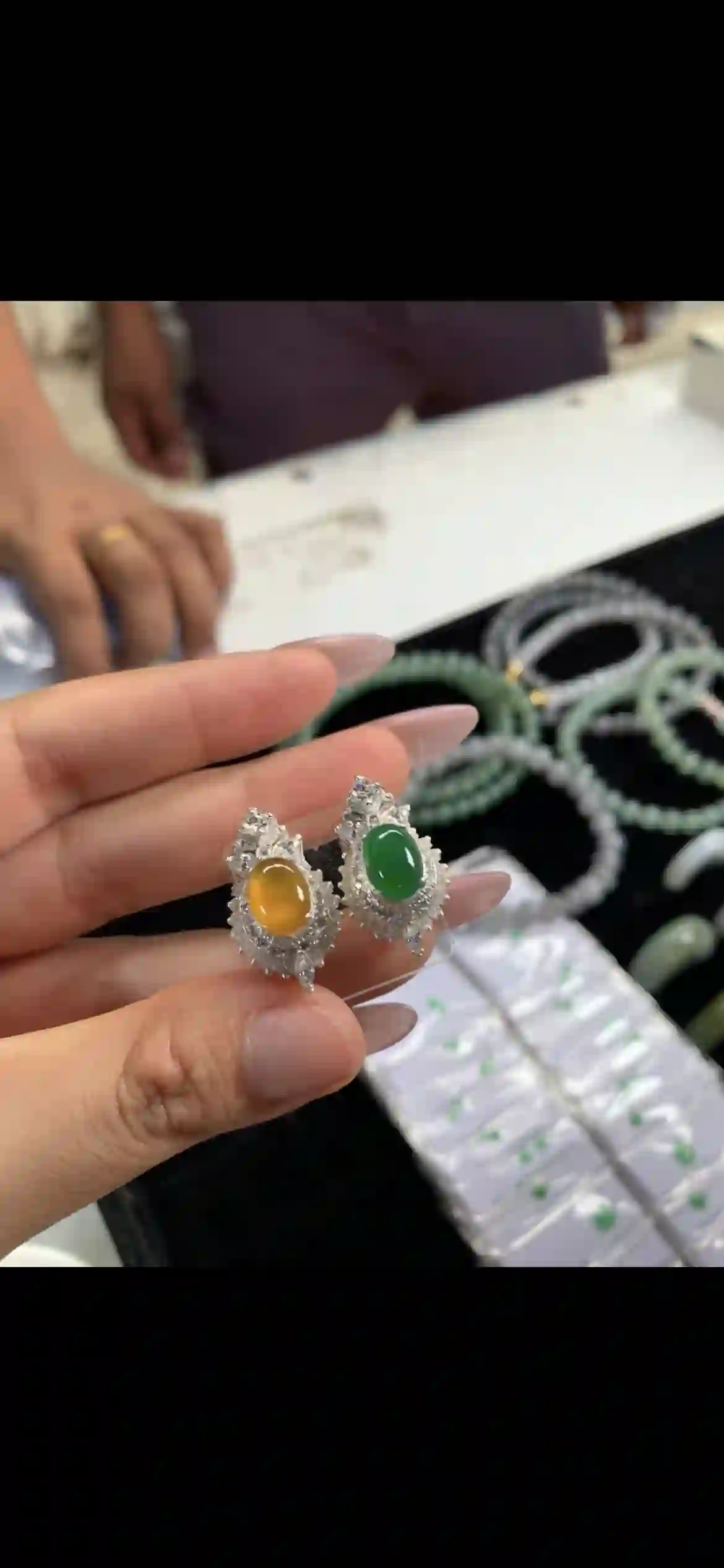 Pair of Green & Honey Yellow Jadeite Cabochon Rings, view 2 | Myanmar Jadeite reference #12300001