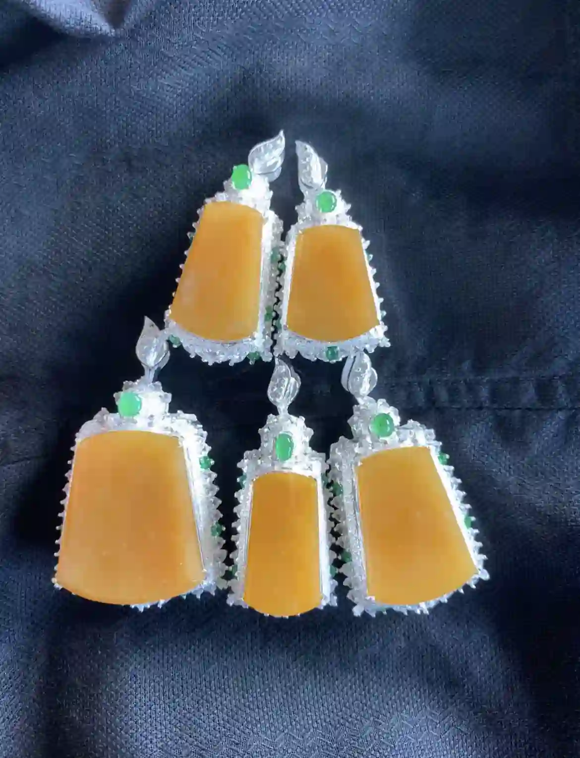 Premium Yellow Jadeite Pendants with Green Accents & Diamond-Set Silver Frames, view 2 | Myanmar Jadeite reference #2940002