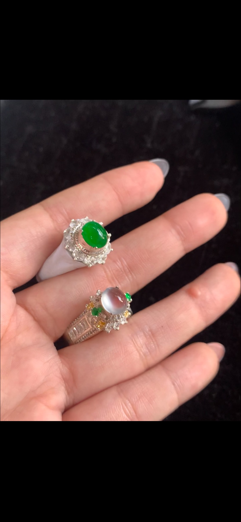 Exquisite Natural Imperial Green & Glassy Ice Variety Jadeite Statement Rings Pair | Myanmar Jadeite reference #37950001
