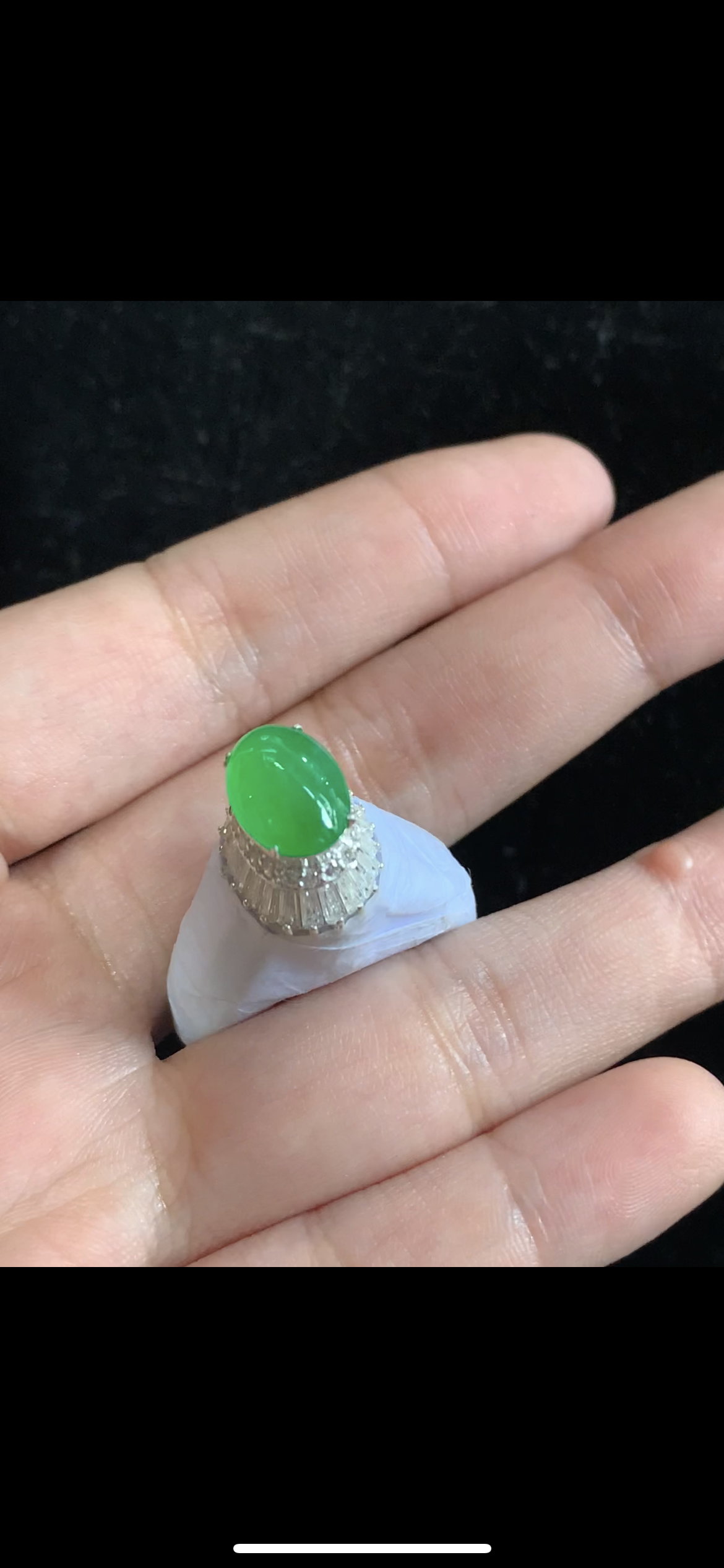 Vivid Imperial Green Jade Oval Cabochon Diamond Halo Ring