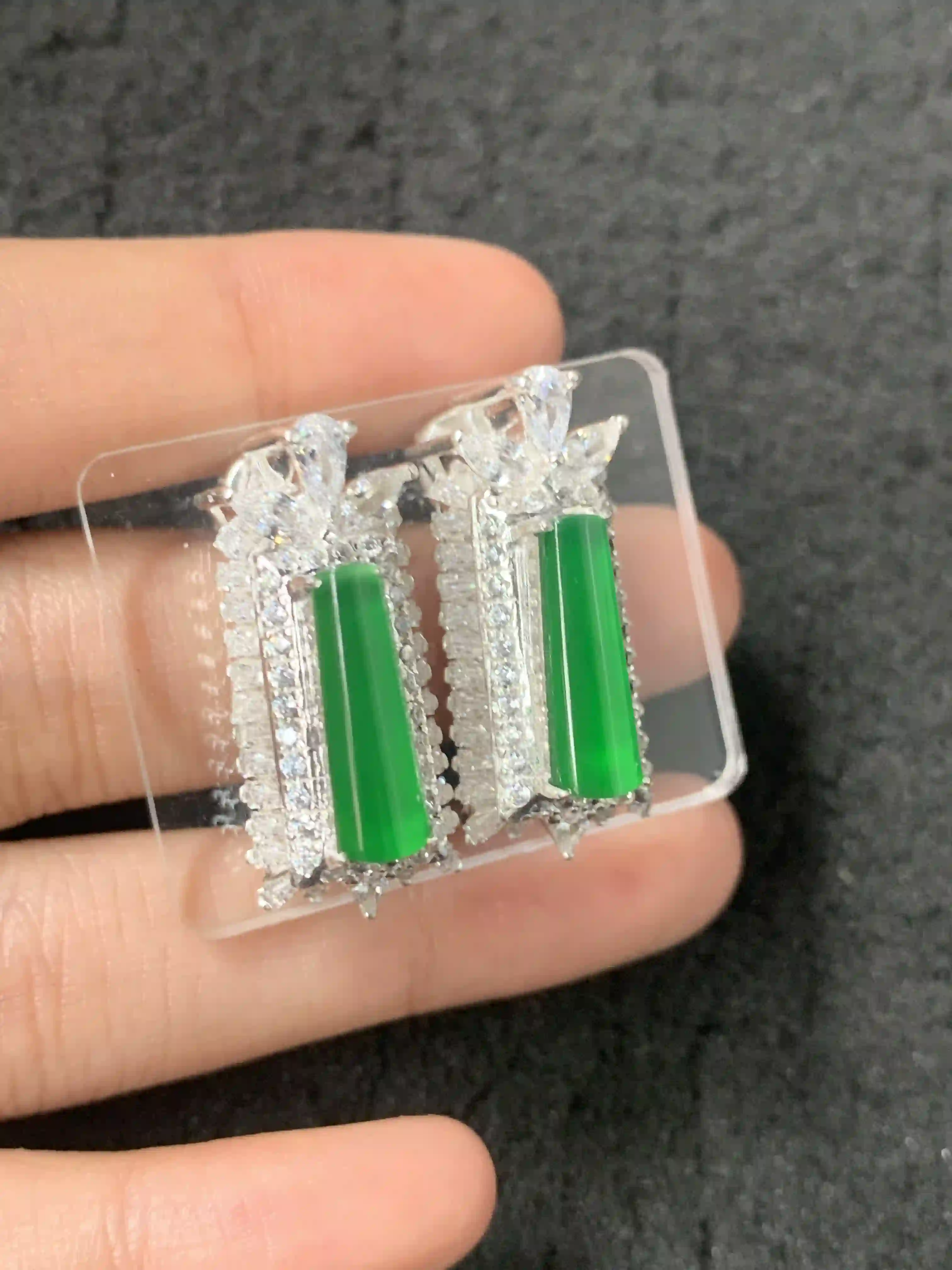  Natural Vivid Green Jade Baguette Diamond Earrings, view 2 | Myanmar Jadeite reference #1770005