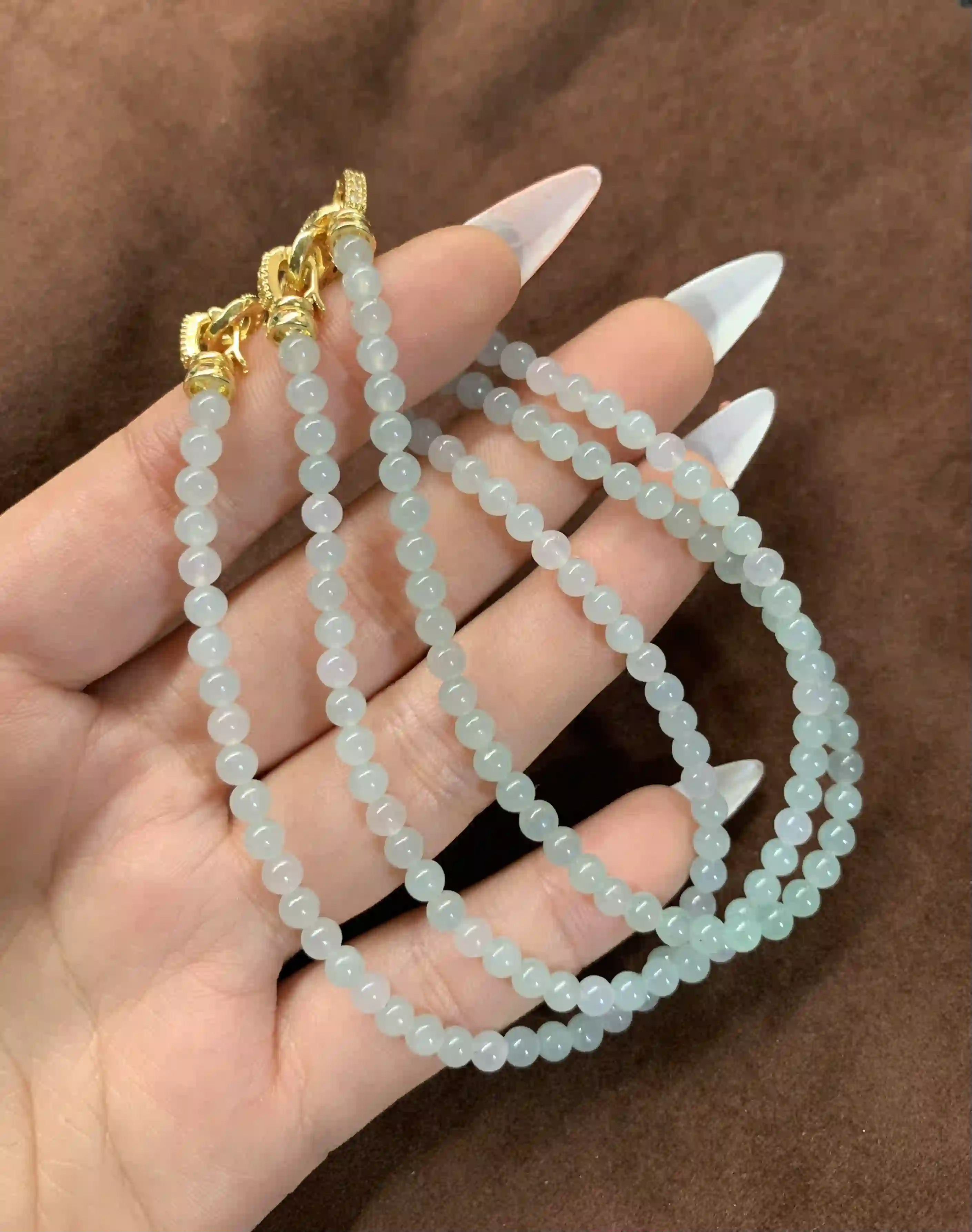 Light Green Jade Bead Necklace with Gold-Toned Clasp | Myanmar Jadeite reference #720002