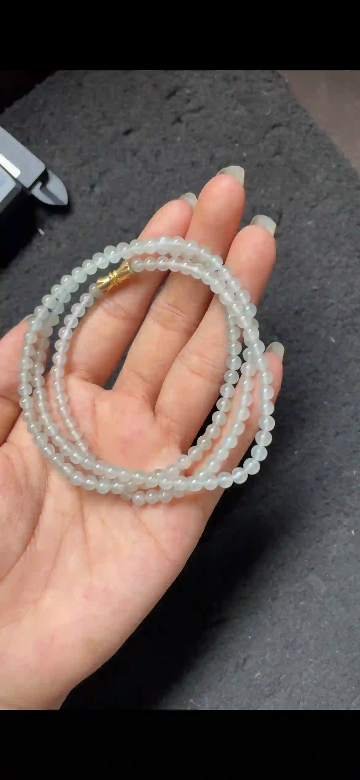 Icy Pale Green Translucent Jadeite Beaded Multi-Strand Bracelet with Gold Clasp, view 2 | Myanmar Jadeite reference #4620004