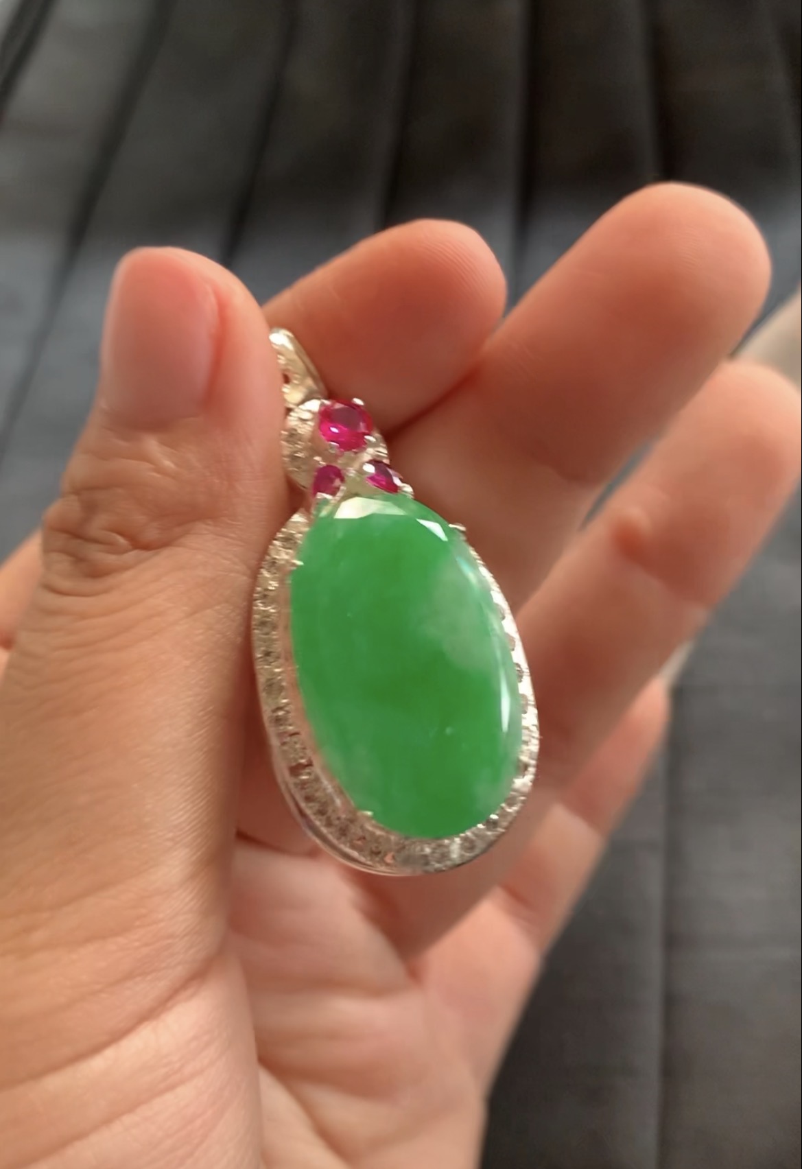 Natural Vivid Green Jade Pendant with Ruby Accents