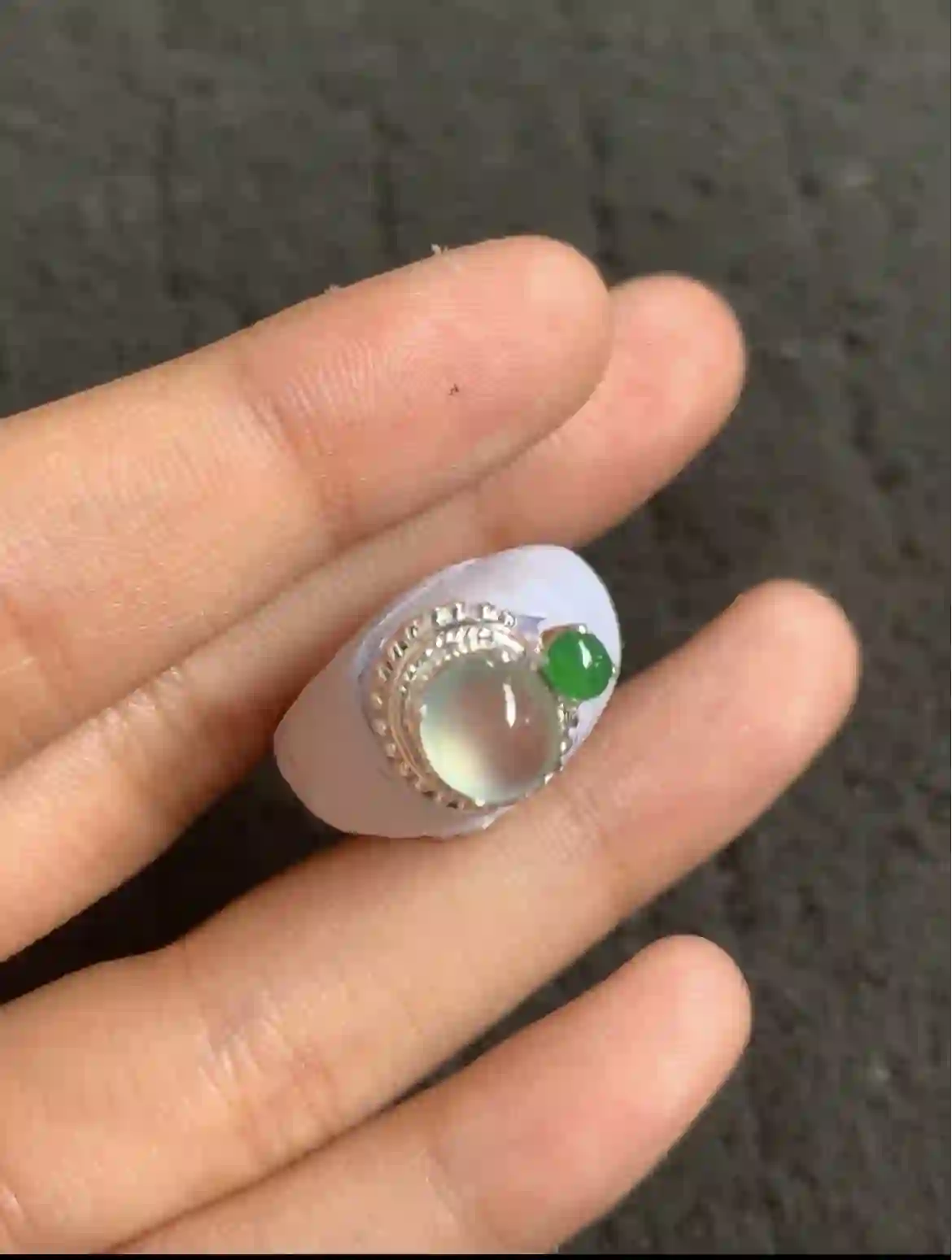 Unique Dual-stone Jadeite Ring with Translucent and Vivid Green Accents, view 2 | Myanmar Jadeite reference #1230010