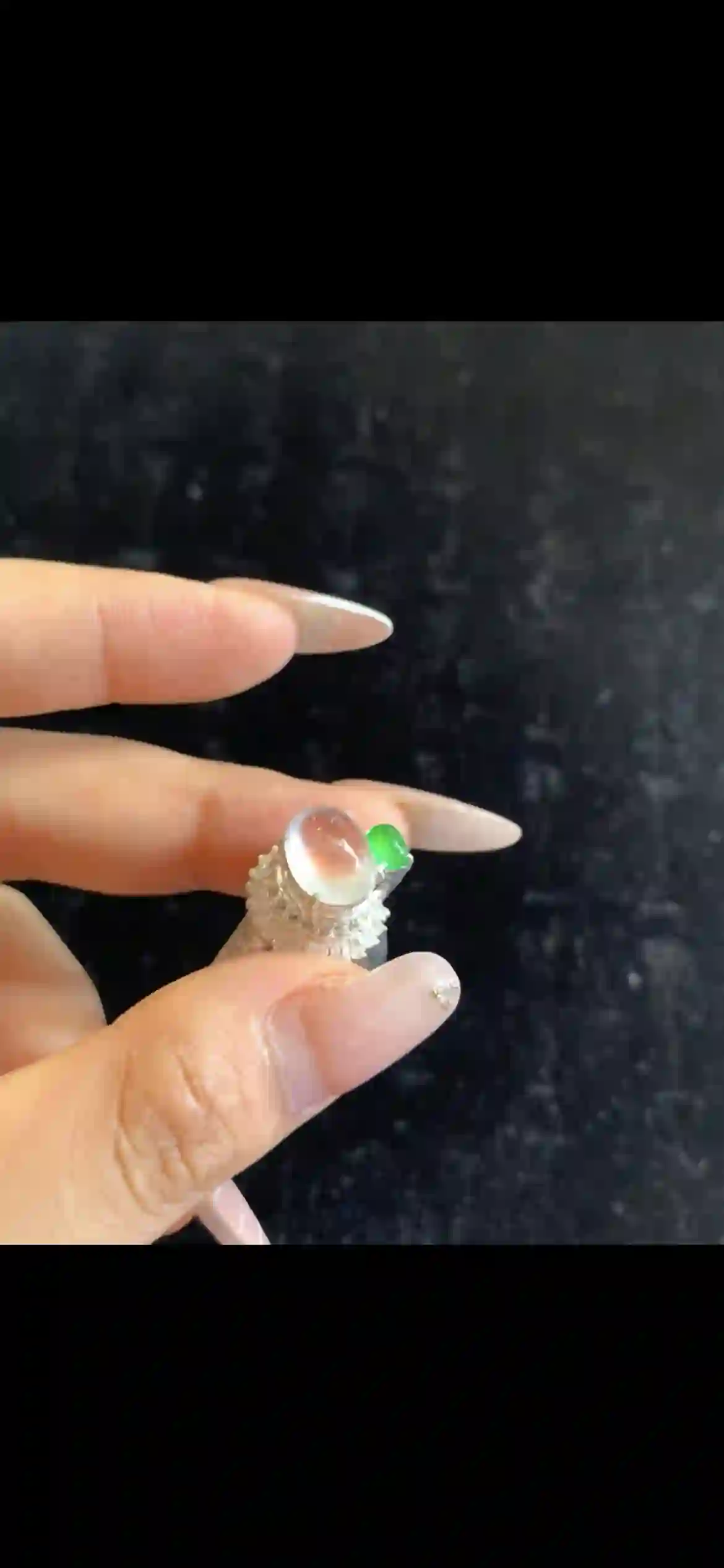 Icy White Jade Cabochon Ring with Vivid Green Accent & Diamond Halo, view 2 | Myanmar Jadeite reference #28260001