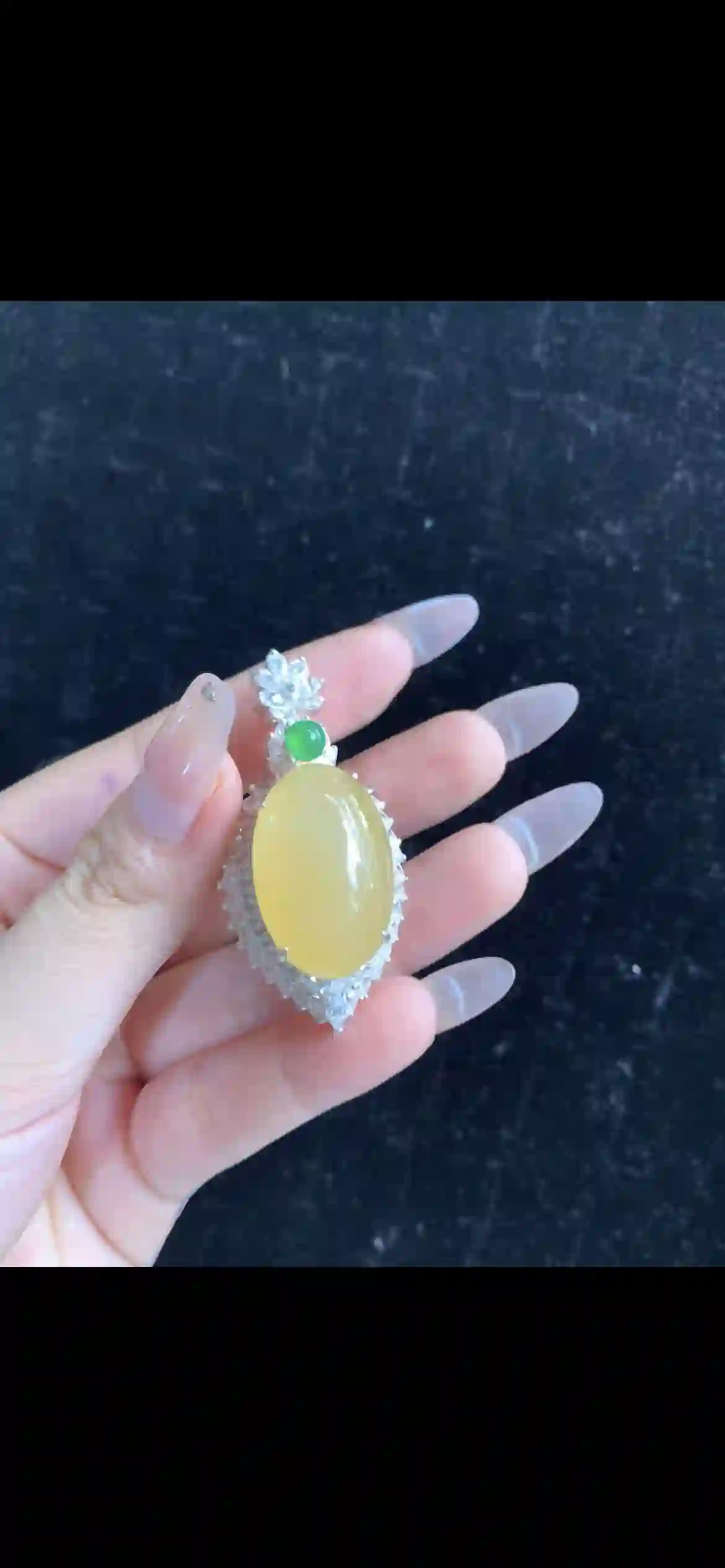 Luxurious Golden-Yellow Jade Pendant with Emerald Accent & Diamond Halo | Myanmar Jadeite reference #32400001