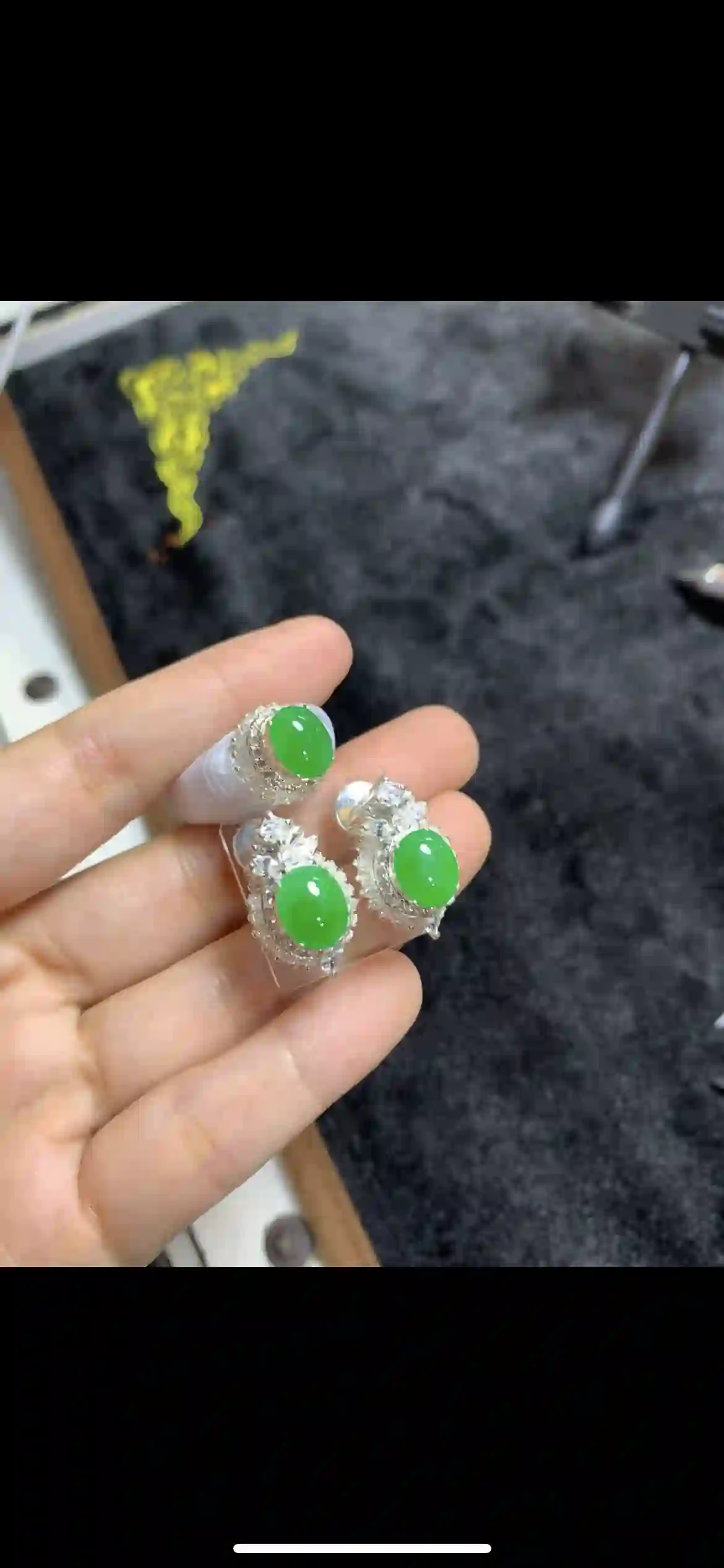 Vivid Imperial Green Jadeite Tiered Halo Earrings | Myanmar Jadeite reference #16410001