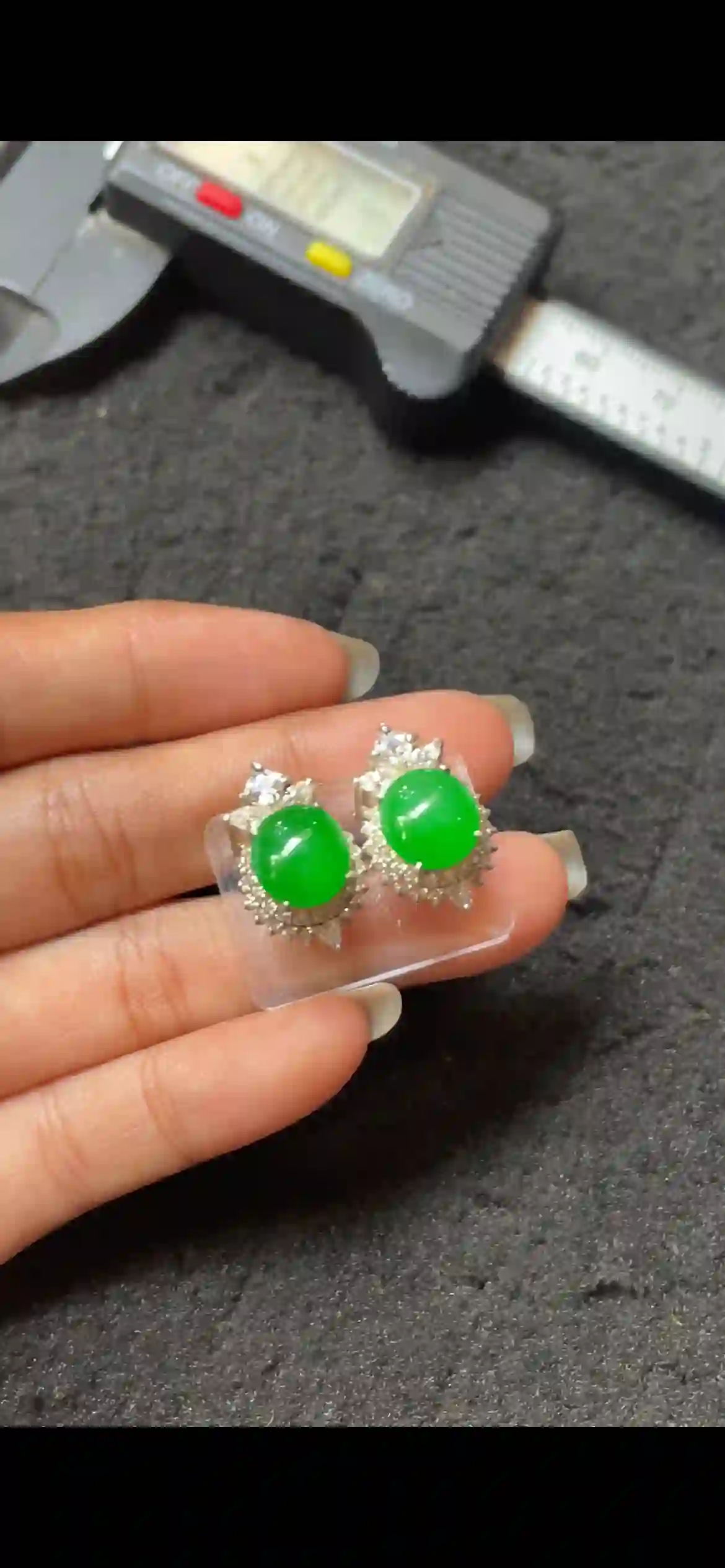  Vibrant Imperial Green Jadeite Stud Earrings with Diamond Halo, view 2 | Myanmar Jadeite reference #6840004