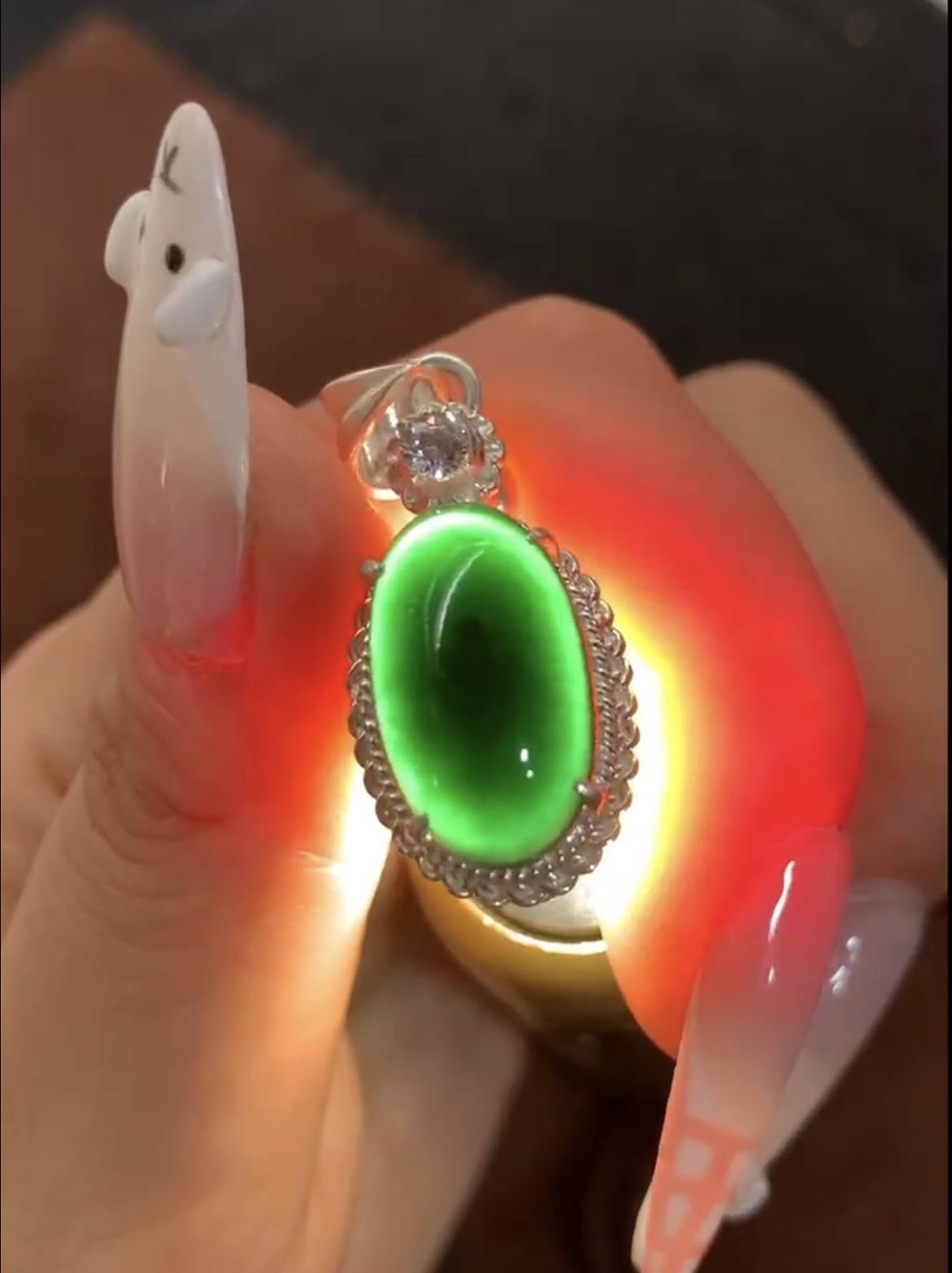 High-Grade Imperial Green Jadeite Pendant with Diamond-Accented Silver-Toned Setting