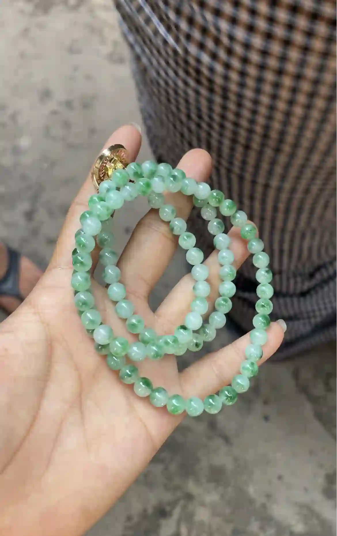  Icy Translucent Green Floral Jadeite Long Beaded Necklace with Gold Plated Clasp, view 2 | Myanmar Jadeite reference #3390004