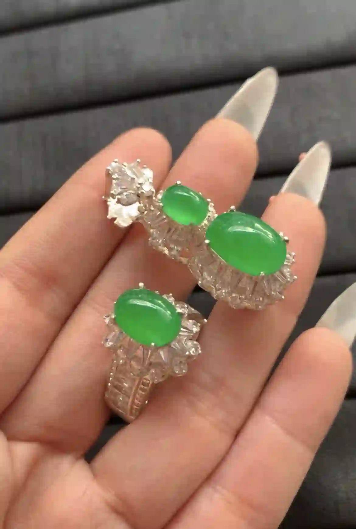  Natural Vivid Green Jade Textured Silver Jewelry Set, view 2 | Myanmar Jadeite reference #1770010