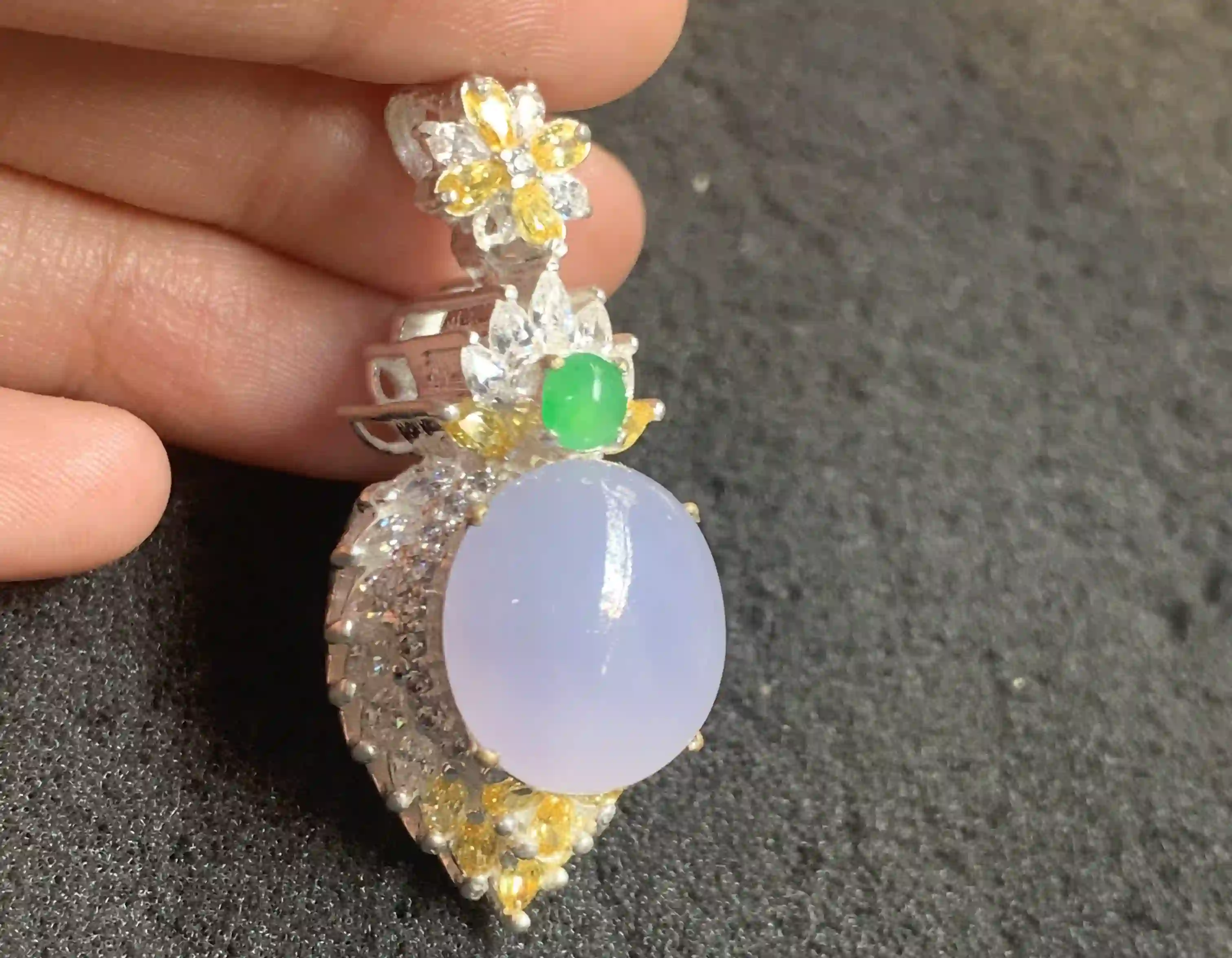  Luxurious Lavender Cabochon Pendant with Green Gem & Crystal Accents, view 2 | Myanmar Jadeite reference #120005