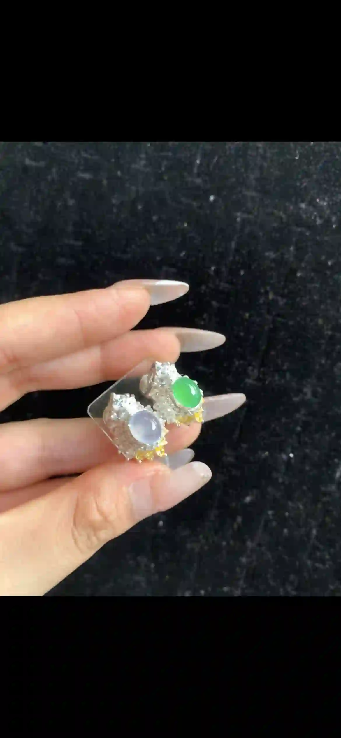 Mismatched Icy Lavender & Imperial Green Jade Earrings with Diamond & Yellow Gem Accents, view 2 | Myanmar Jadeite reference #32430001