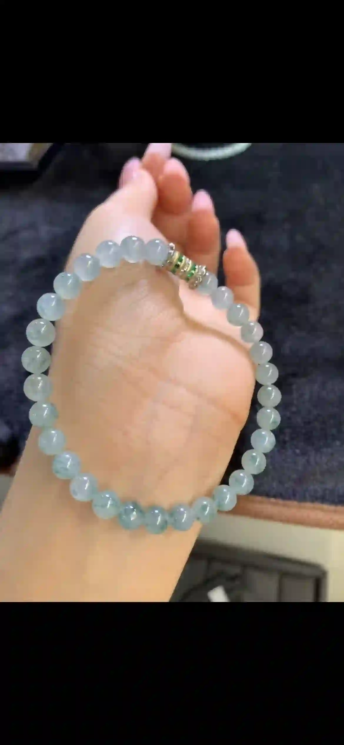 Icy Pale Blue‑Green Floating‑Pattern Jadeite Bead Bracelet, view 2 | Myanmar Jadeite reference #9540002