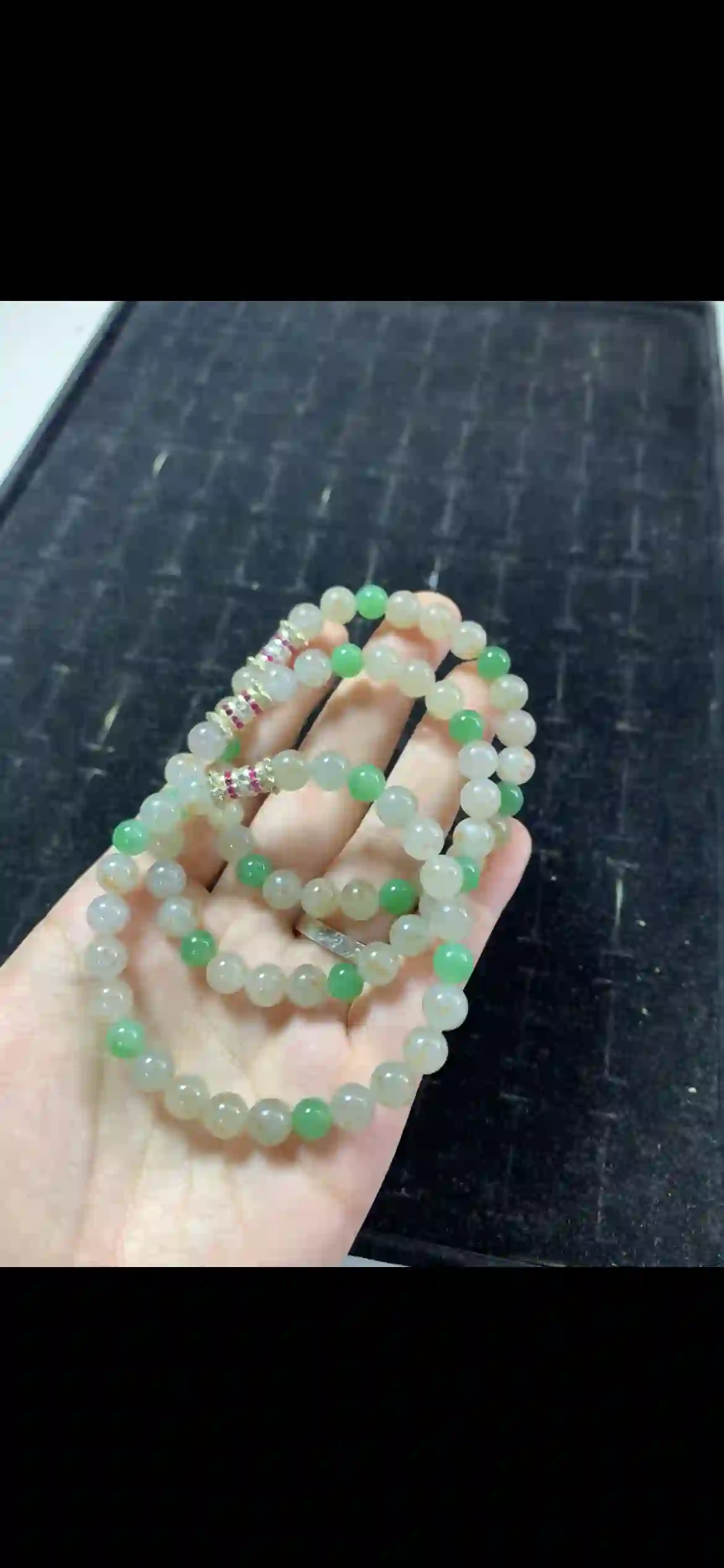 Soft Pale Green Jade Bead Strand with Bright Green Accents & Crystal Spacers | Myanmar Jadeite reference #20940001