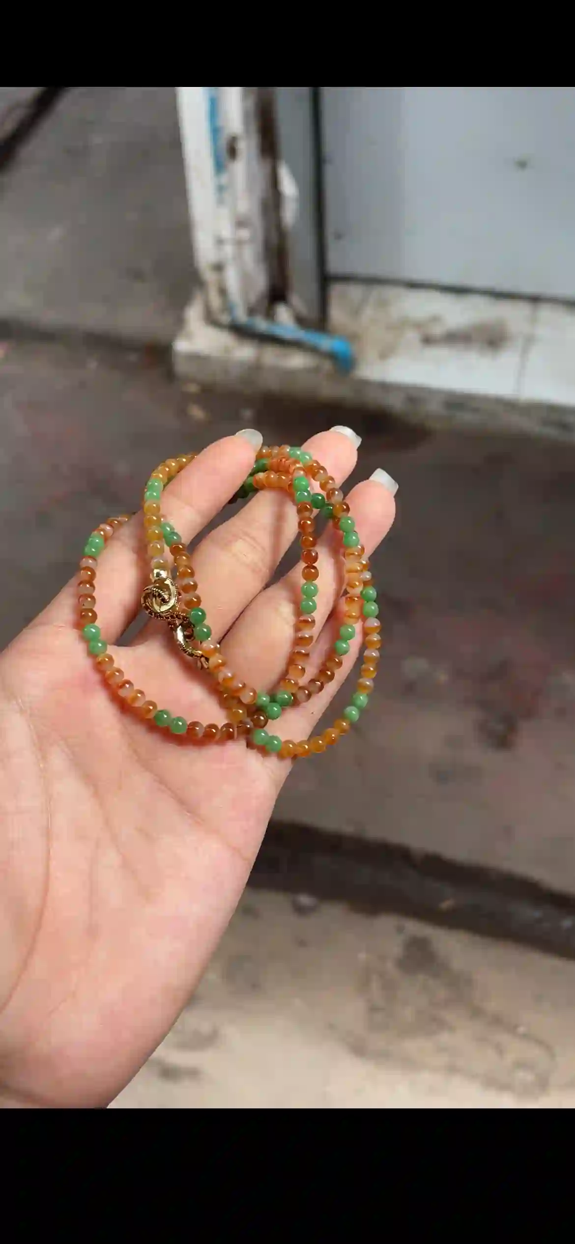 Triple-Strand Honey Orange & Emerald Green Jade Bead Bracelet with Gold Clasp, view 2 | Myanmar Jadeite reference #17790001